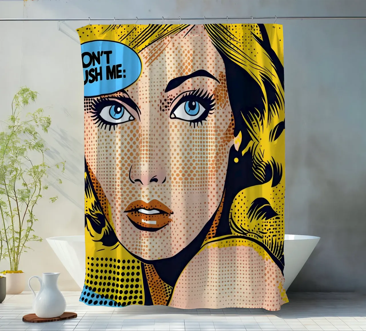 Lichtenstein Pop: "Don't Rush Me" Comic Art, Yellow & Blue shower curtain by NorwesClub