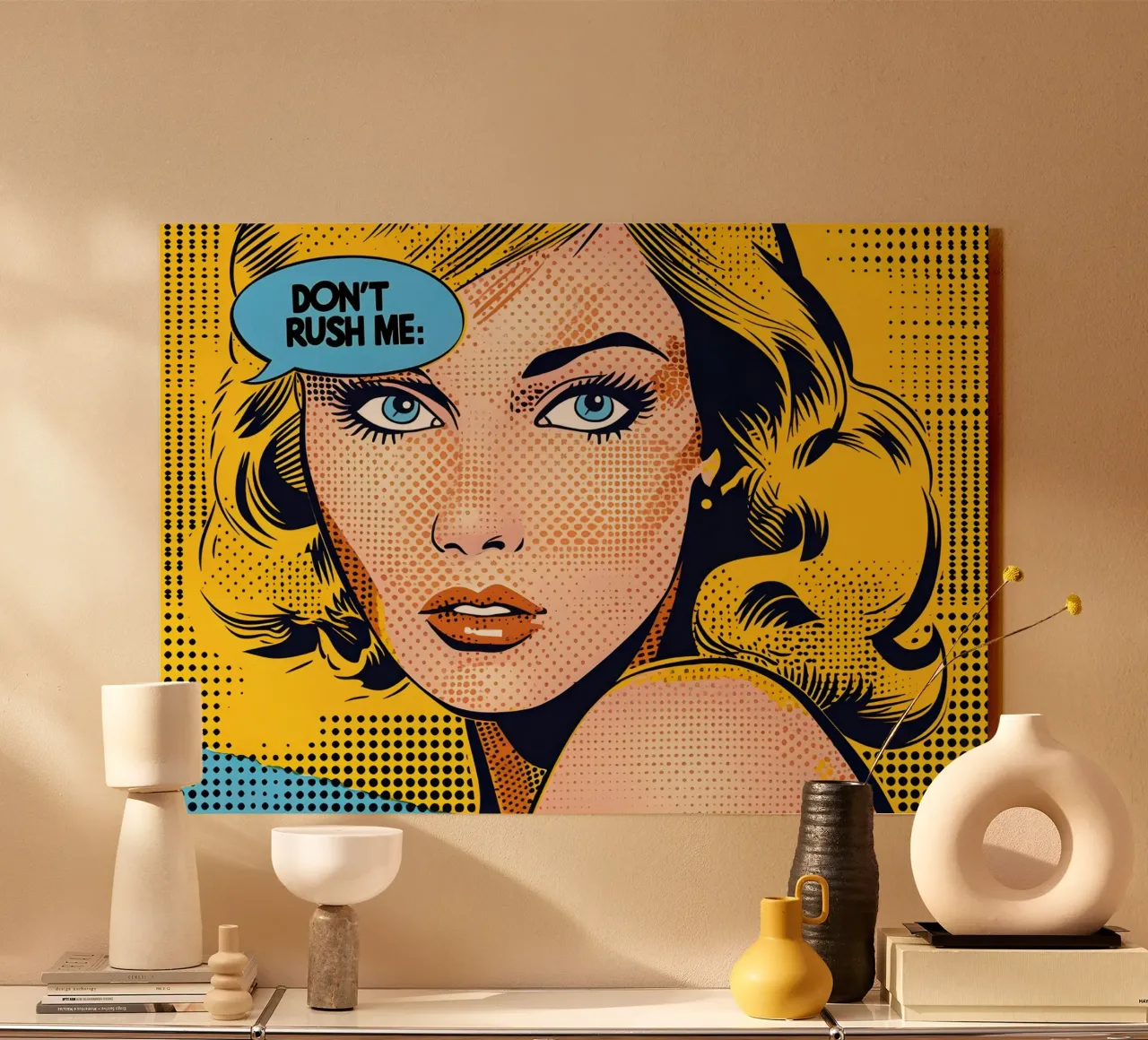 Lichtenstein Pop: "Jaag me niet op" Comic Art, Geel & Blauw aluminium-dibond van NorwesClub