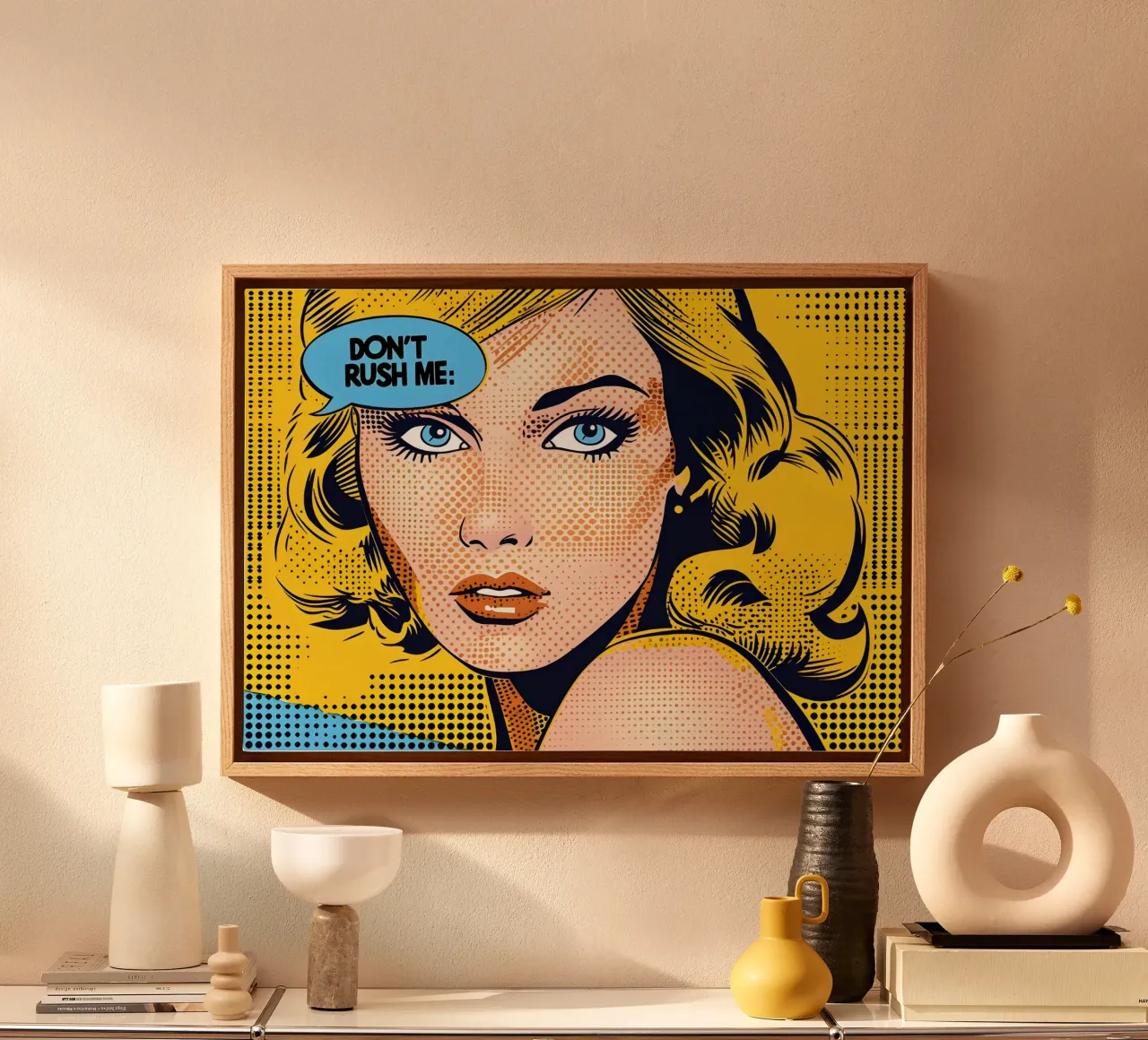 Lichtenstein Pop: "Jaag me niet op" Comic Art, Geel & Blauw canvas van NorwesClub