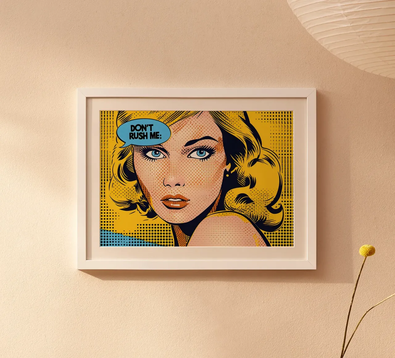 Lichtenstein Pop: fumetto "Don't Rush Me", giallo e blu poster con telaio in plastica da NorwesClub