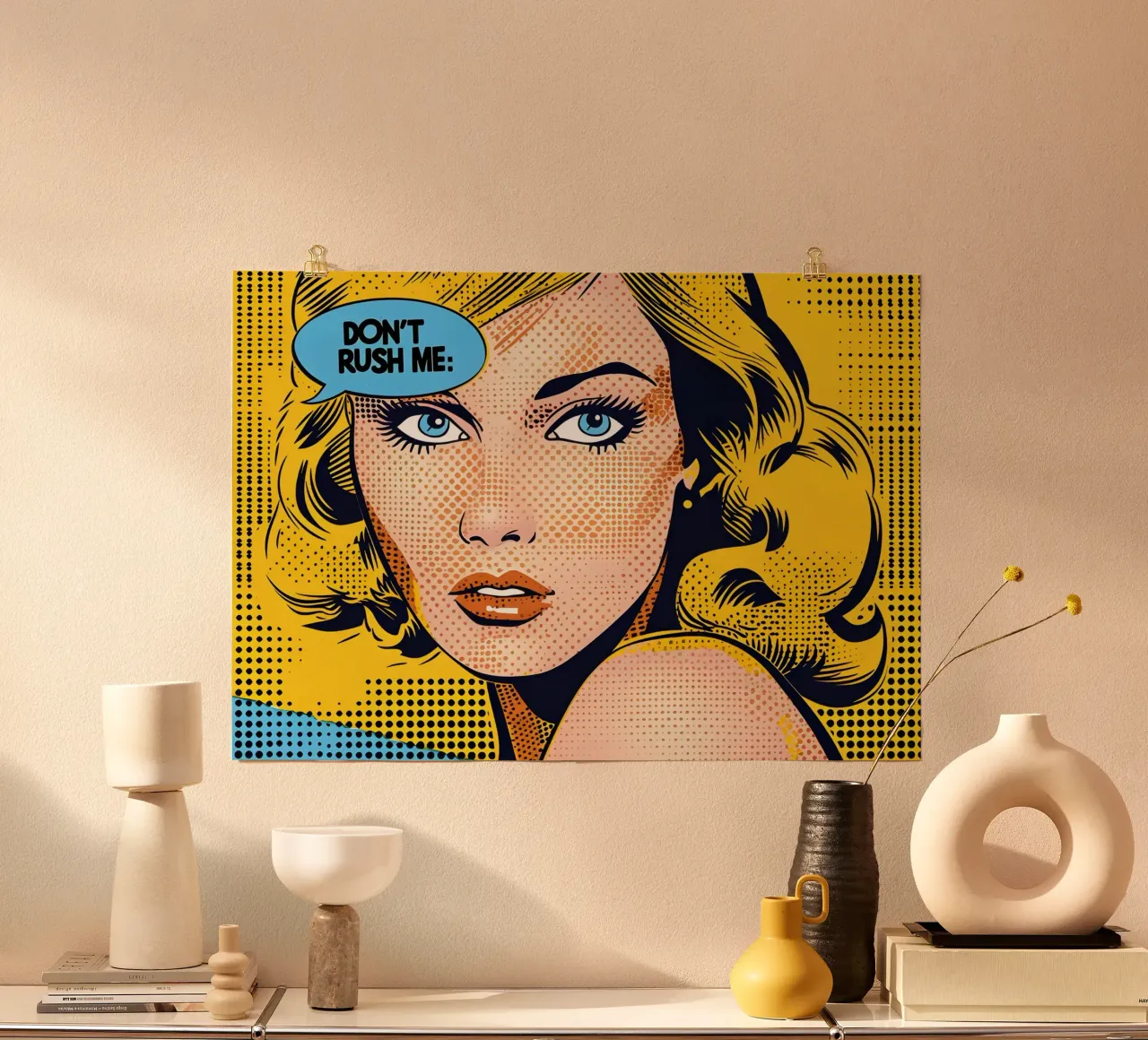 Lichtenstein Pop: fumetto "Don't Rush Me", giallo e blu poster con telaio in plastica da NorwesClub
