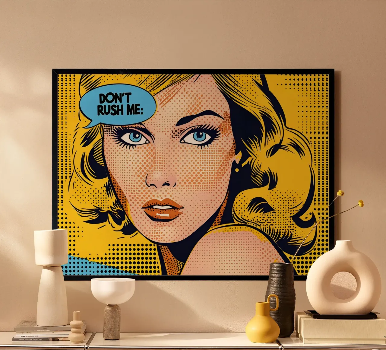 Lichtenstein Pop: fumetto "Don't Rush Me", giallo e blu poster con telaio in plastica da NorwesClub