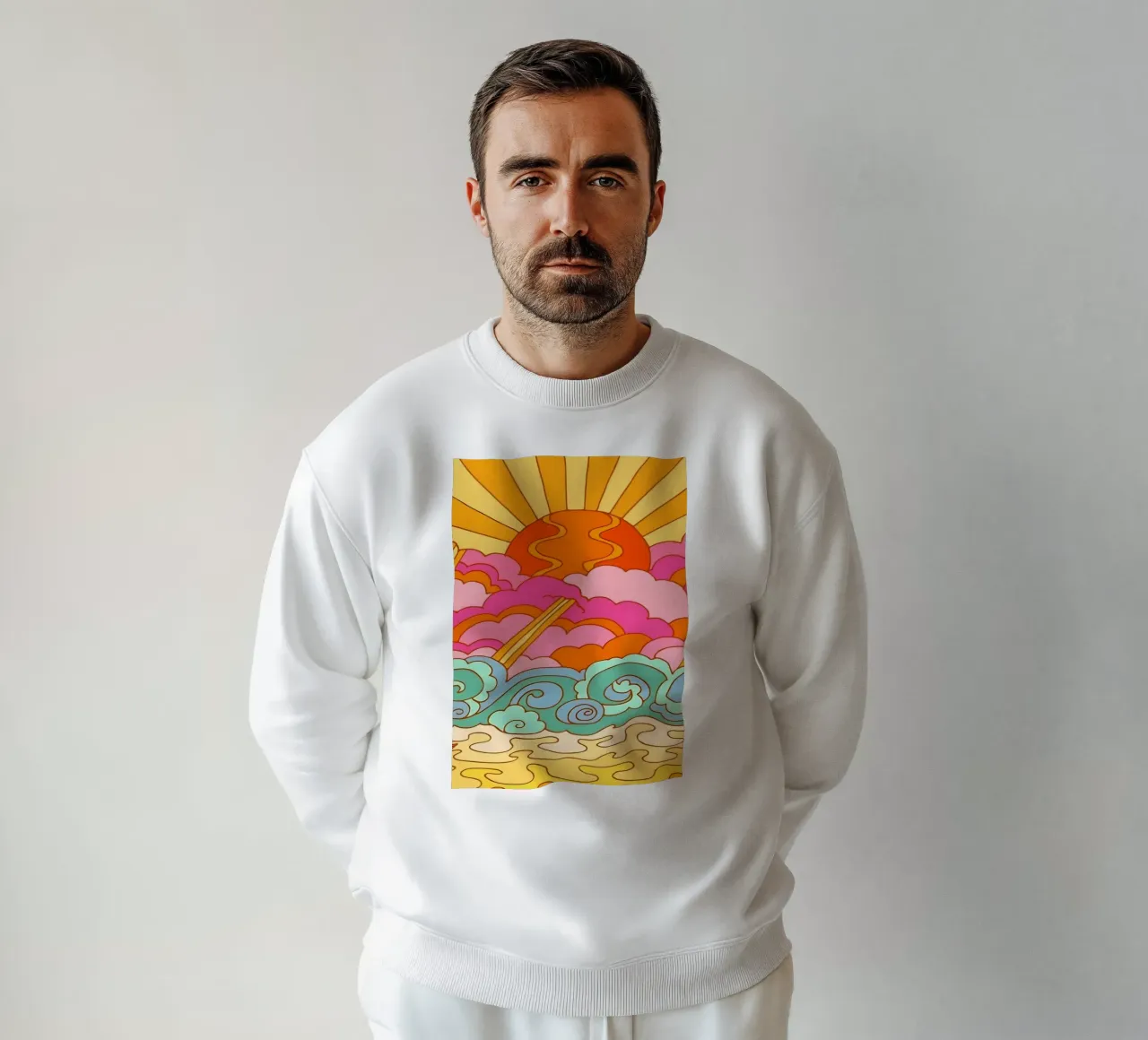 Groovy Sunset: Psychedelic Landscape, Retro 70s Art Print sudadera de NorwesClub
