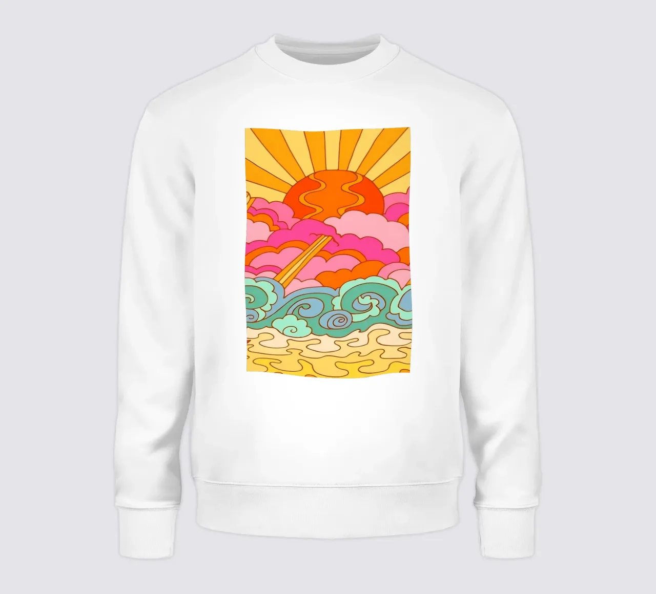 Groovy Sunset: Psychedelic Landscape, Retro 70s Art Print sudadera de NorwesClub