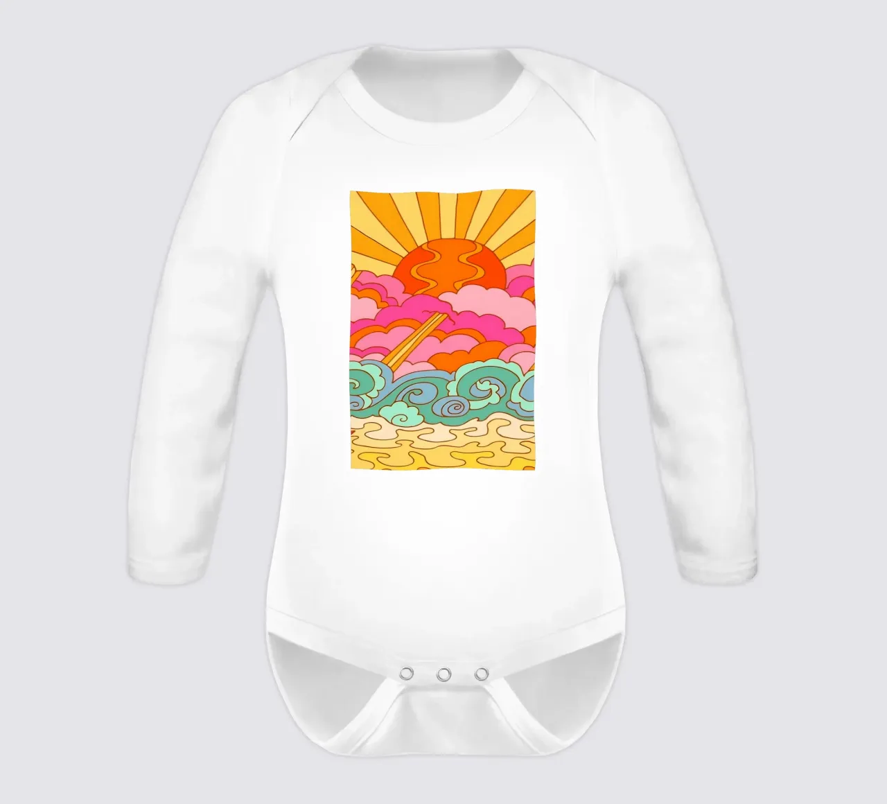 Coucher de soleil groovy : Paysage psychédélique, Retro 70s Art Print body manches longues de NorwesClub