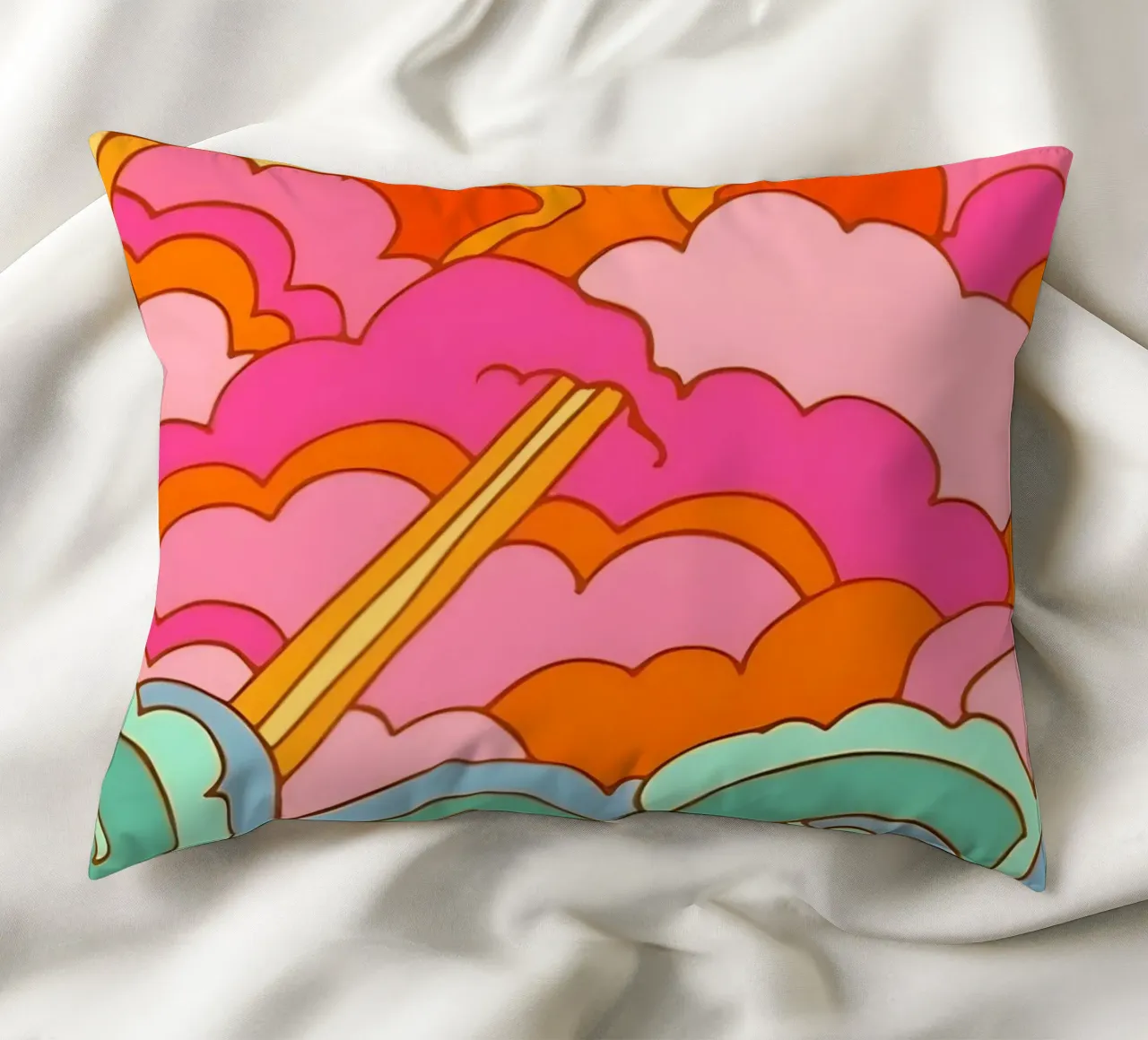 Groovy Zonsondergang: Psychedelisch landschap, Retro 70s Art Print kussen van NorwesClub