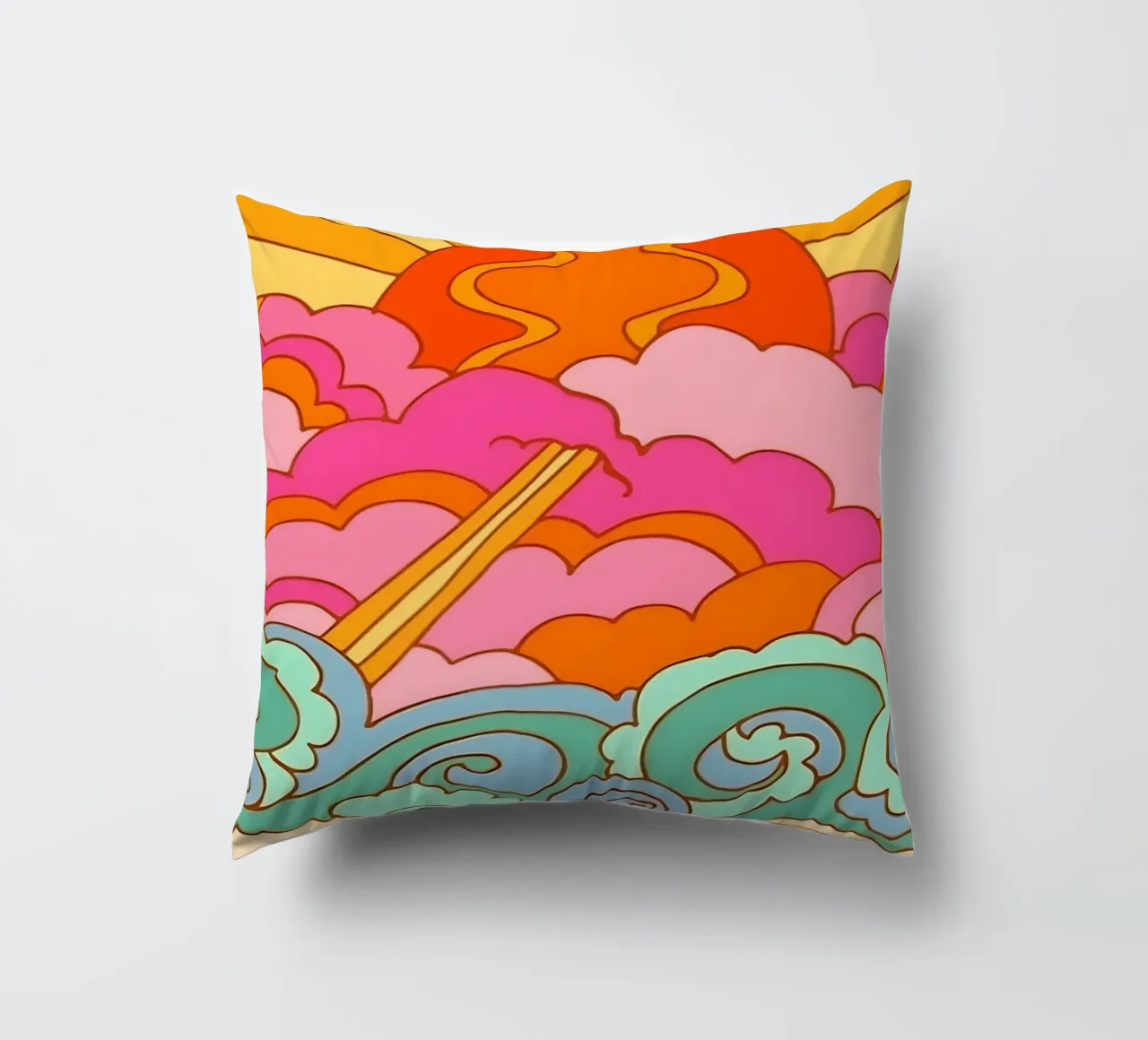Groovy Zonsondergang: Psychedelisch landschap, Retro 70s Art Print kussen van NorwesClub