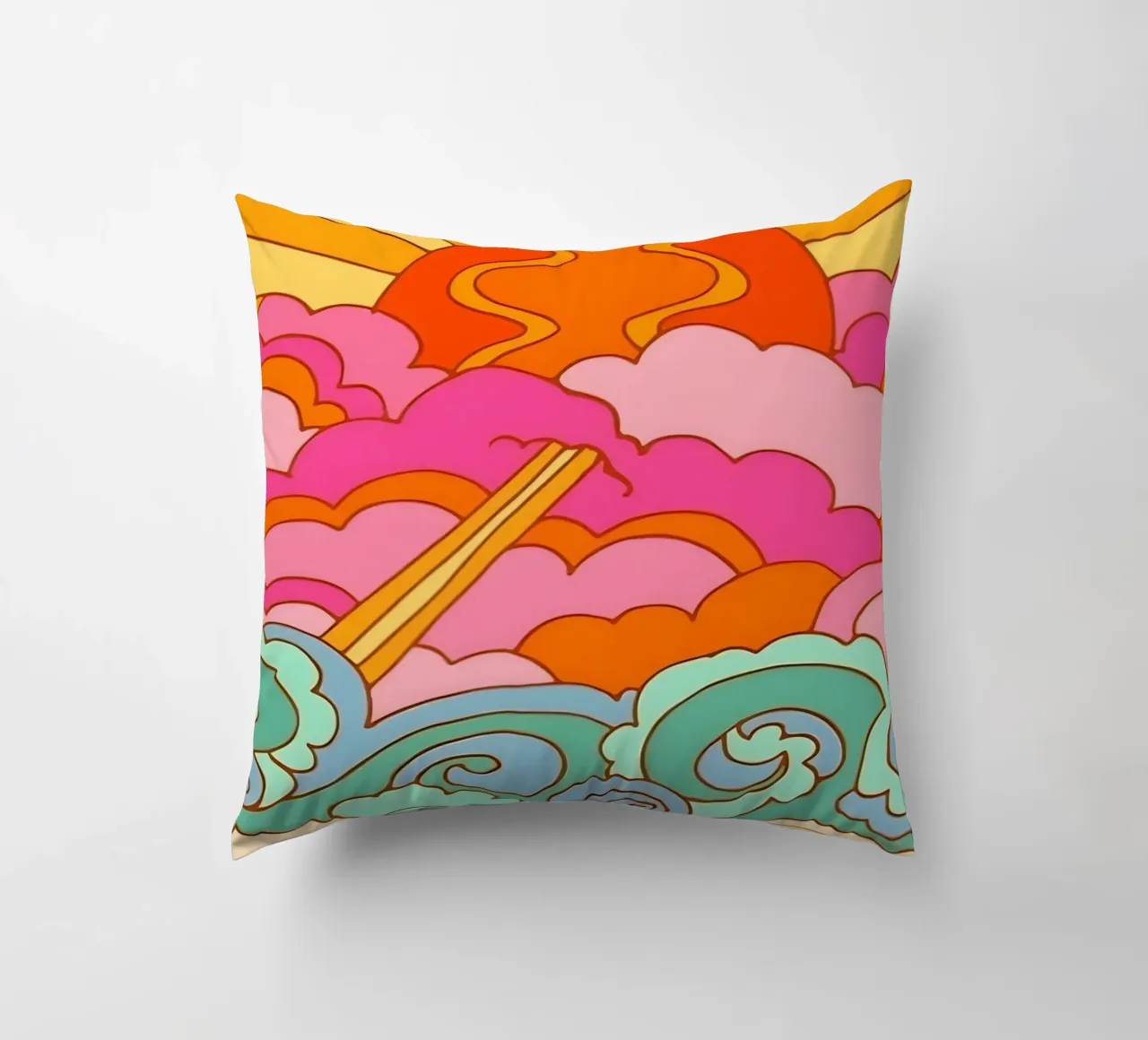 Groovy Zonsondergang: Psychedelisch landschap, Retro 70s Art Print kussen van NorwesClub