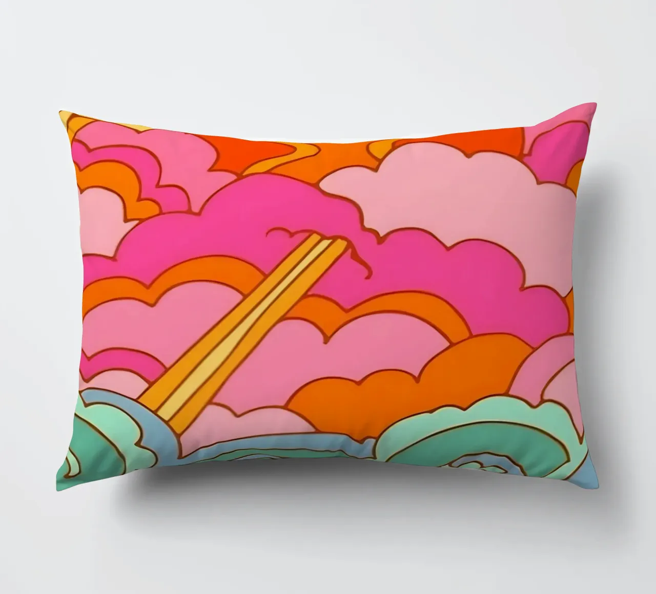 Groovy Zonsondergang: Psychedelisch landschap, Retro 70s Art Print kussen van NorwesClub