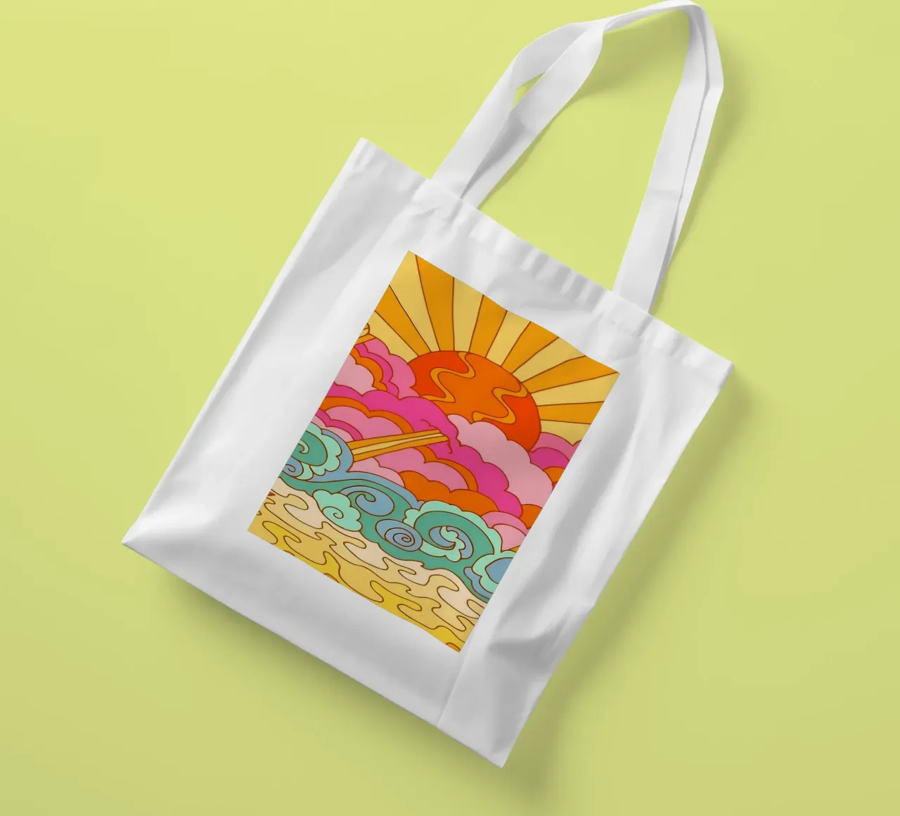 Groovy Zonsondergang: Psychedelisch landschap, Retro 70s Art Print jute draagtas van NorwesClub