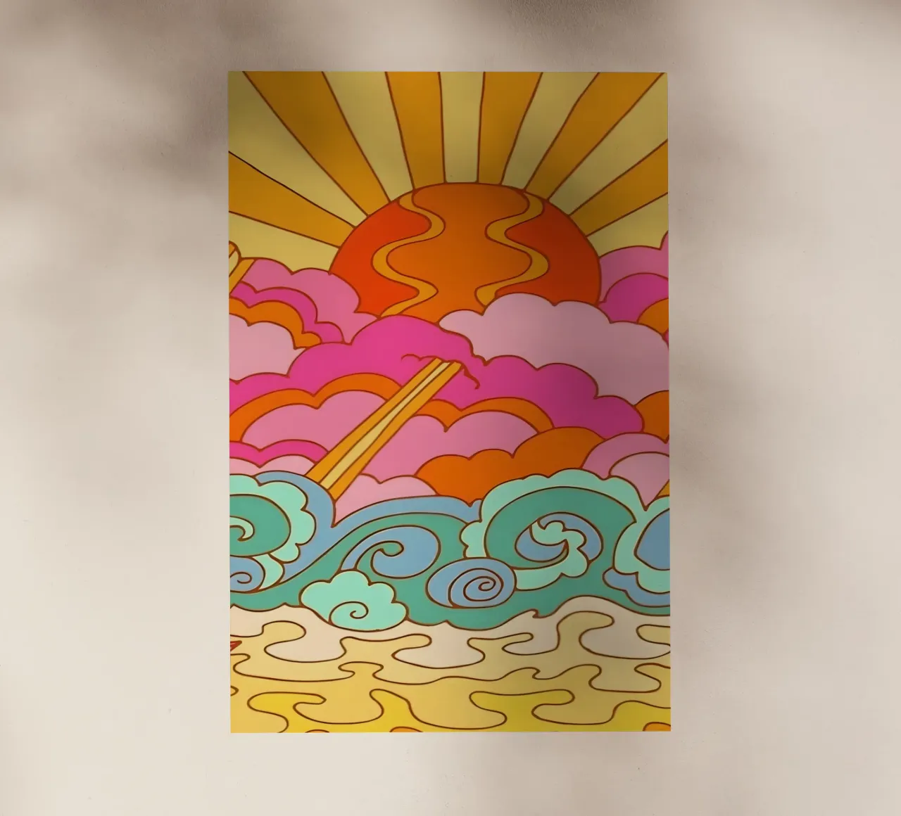 Groovy Zonsondergang: Psychedelisch landschap, Retro 70s Art Print backlit folie van NorwesClub