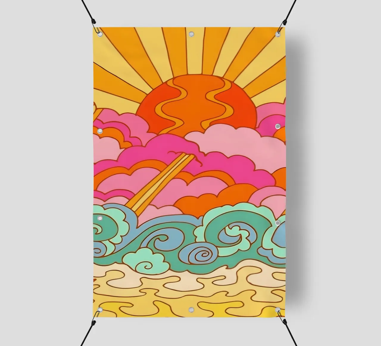 Groovy Zonsondergang: Psychedelisch landschap, Retro 70s Art Print pvc-zeil van NorwesClub