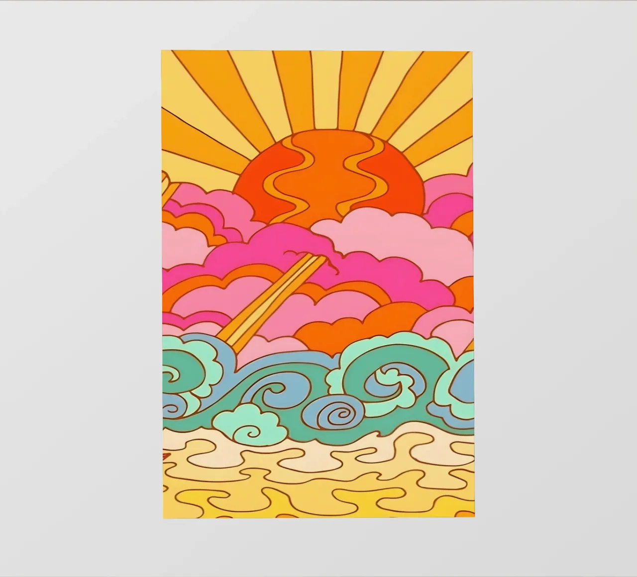 Groovy Zonsondergang: Psychedelisch landschap, Retro 70s Art Print pvc-zeil van NorwesClub