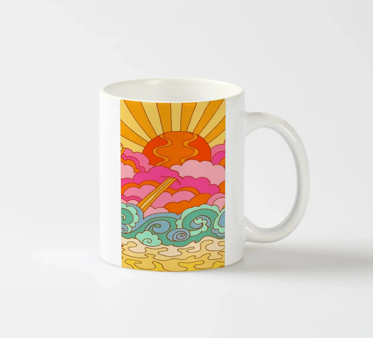 Groovy Zonsondergang: Psychedelisch landschap, Retro 70s Art Print keramische mok van NorwesClub