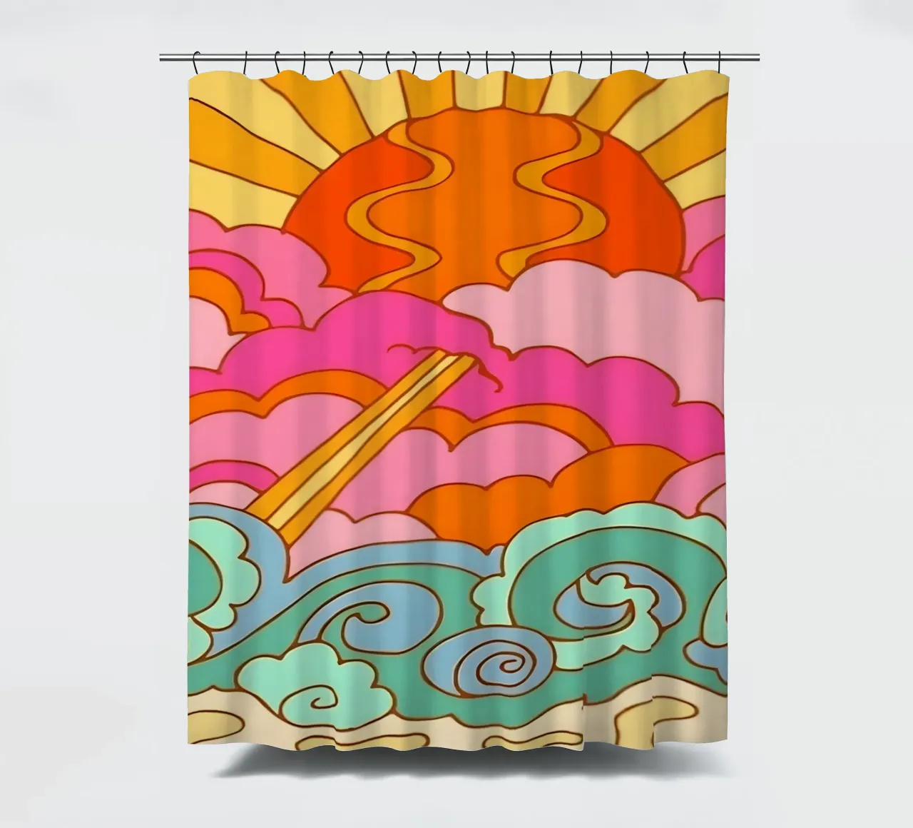 Groovy Zonsondergang: Psychedelisch landschap, Retro 70s Art Print douchegordijn van NorwesClub