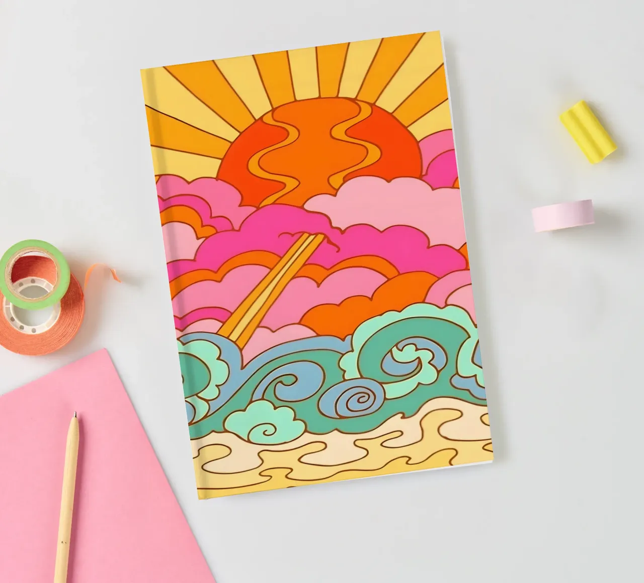 Groovy Sunset: Psychedelic Landscape, Retro 70s Art Print notebook by NorwesClub