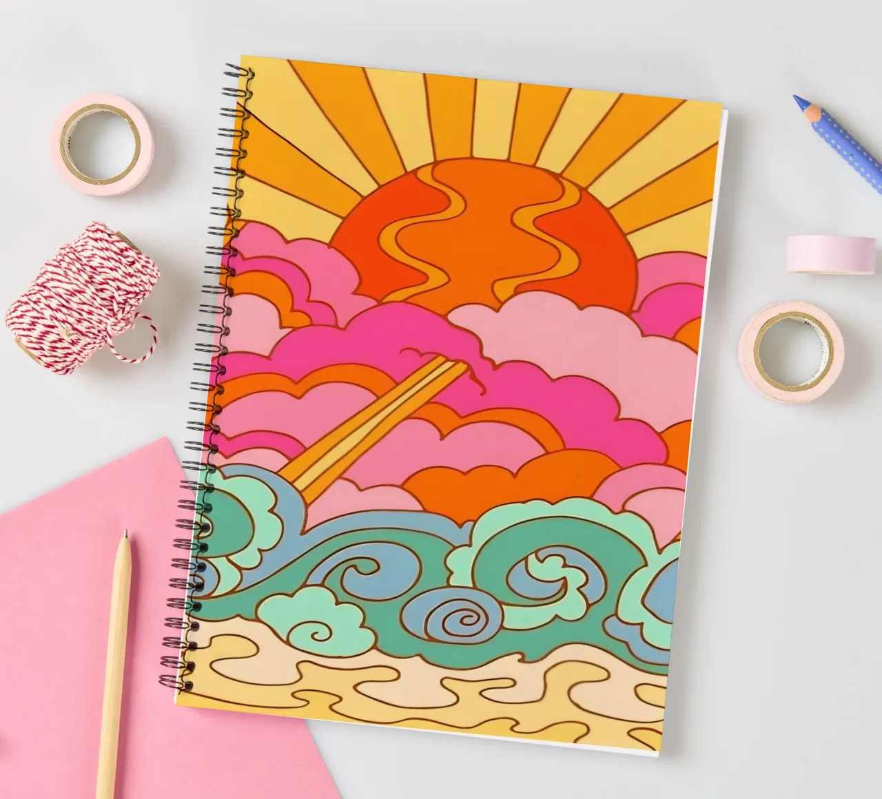 Groovy Sunset: Psychedelic Landscape, Retro 70s Art Print spiral notebook by NorwesClub