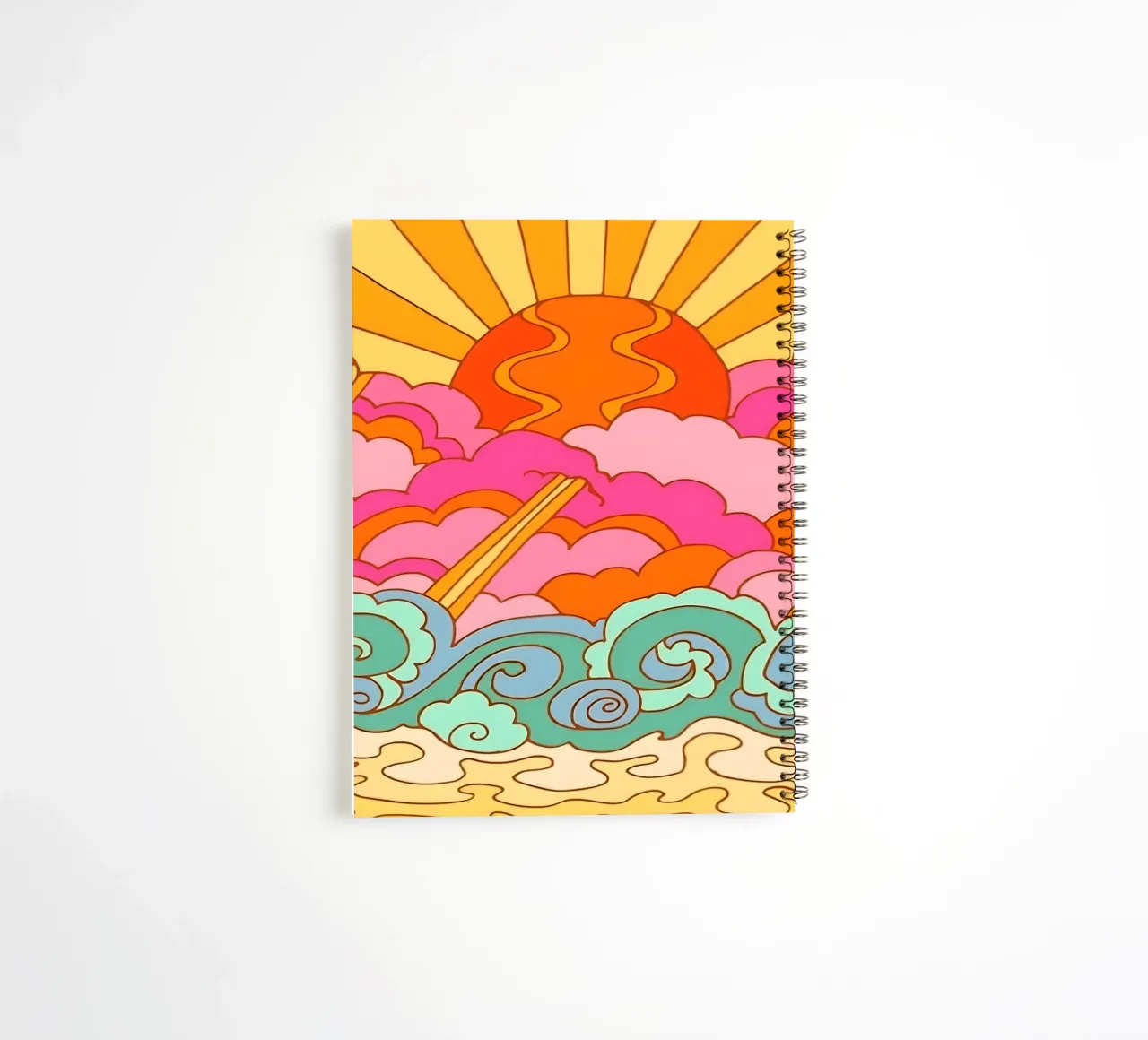 Groovy Sunset: Psychedelic Landscape, Retro 70s Art Print spiral notebook by NorwesClub