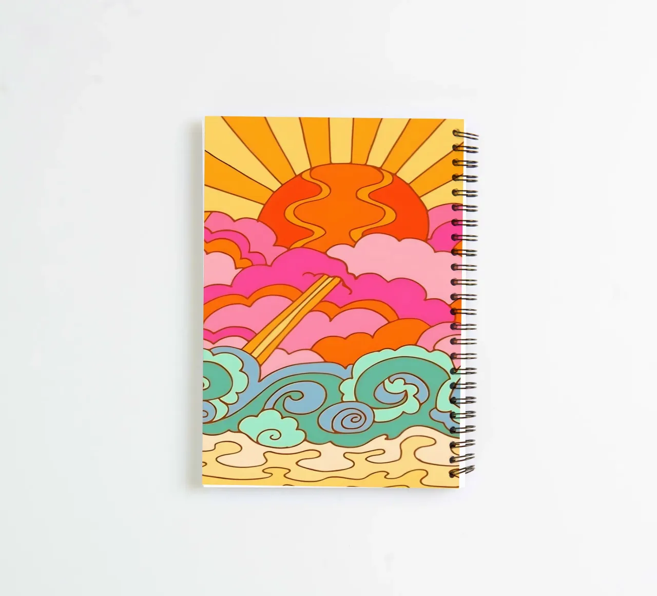 Groovy Sunset: Psychedelic Landscape, Retro 70s Art Print spiral notebook by NorwesClub
