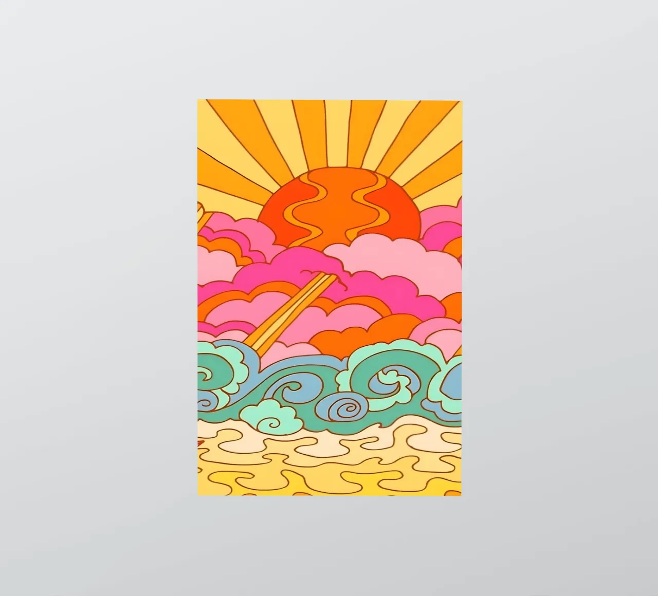 Groovy Zonsondergang: Psychedelisch landschap, Retro 70s Art Print sticker van NorwesClub