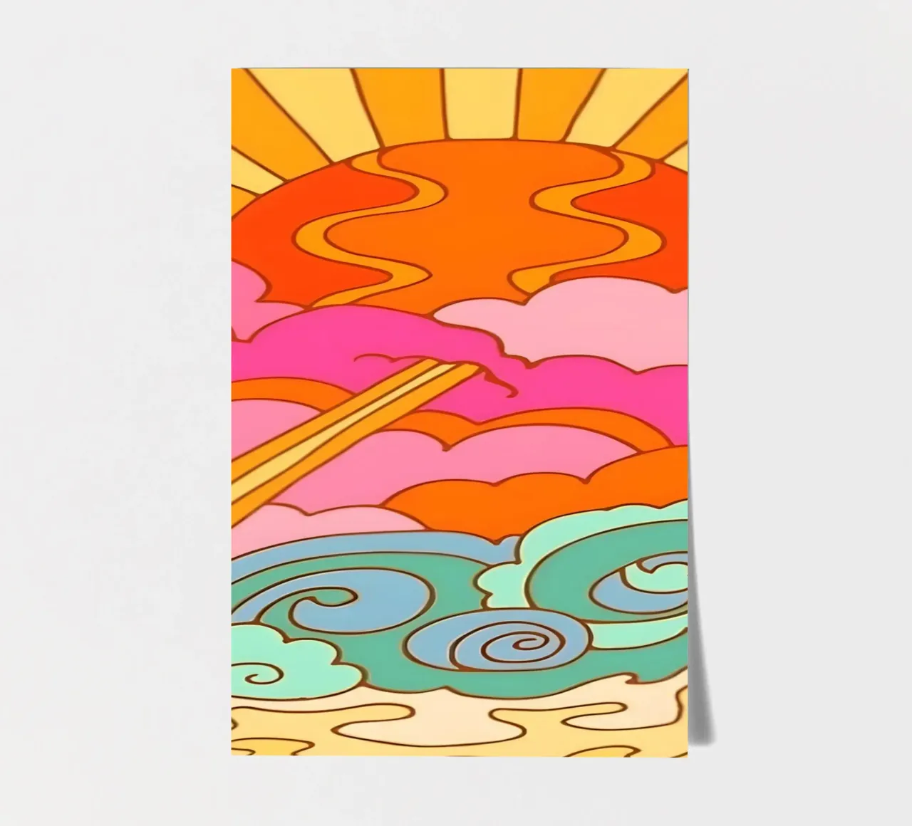 Groovy Zonsondergang: Psychedelisch landschap, Retro 70s Art Print stickervel van NorwesClub