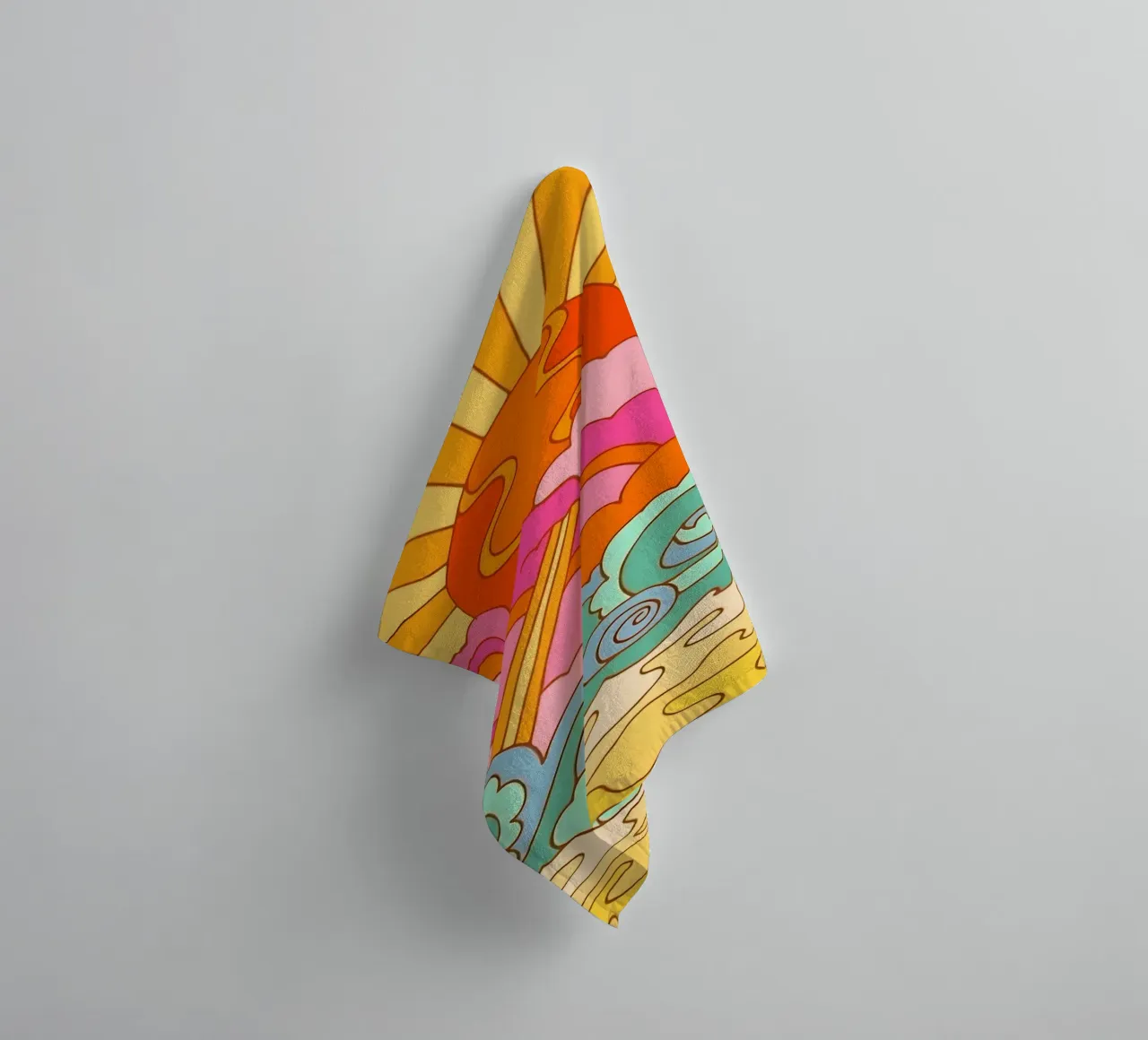 Groovy Zonsondergang: Psychedelisch landschap, Retro 70s Art Print badhanddoek van NorwesClub