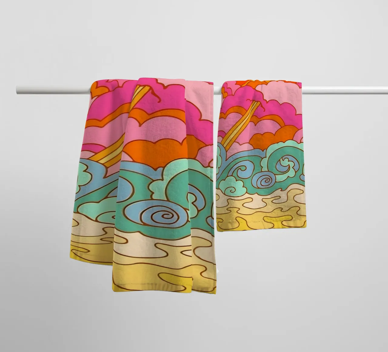 Groovy Zonsondergang: Psychedelisch landschap, Retro 70s Art Print badhanddoek van NorwesClub