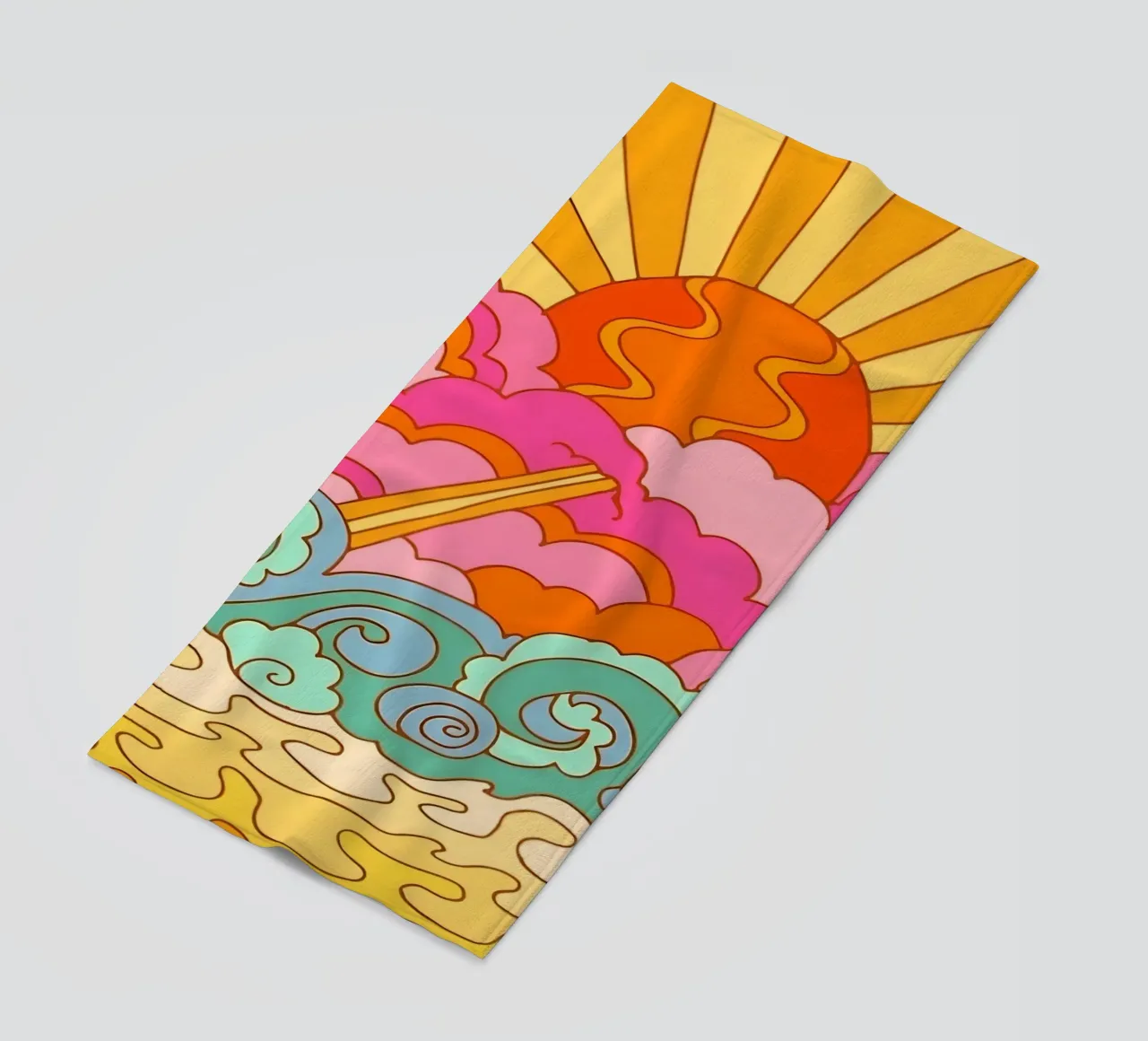 Groovy Zonsondergang: Psychedelisch landschap, Retro 70s Art Print strandhanddoek van NorwesClub