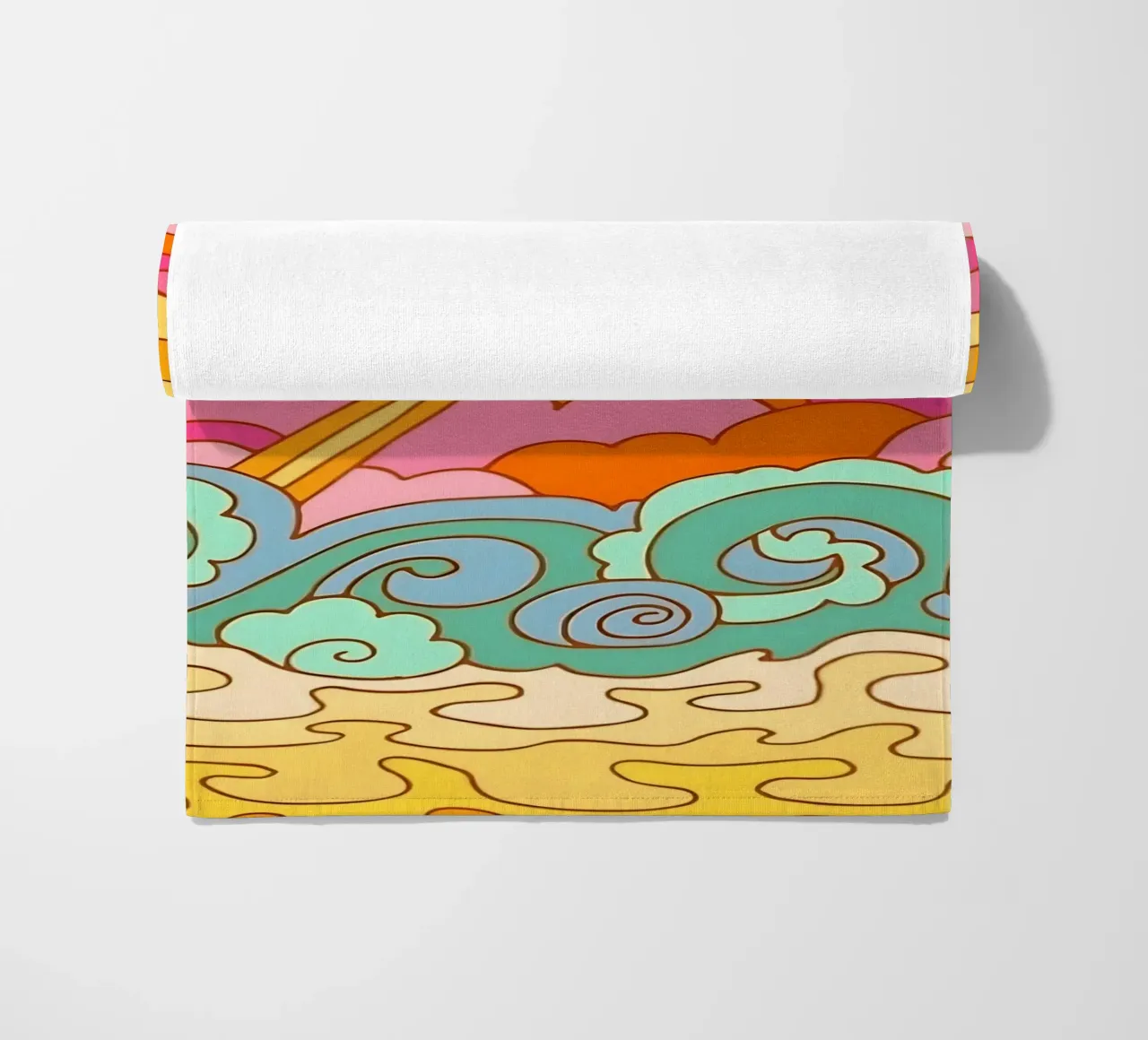 Groovy Zonsondergang: Psychedelisch landschap, Retro 70s Art Print strandhanddoek van NorwesClub