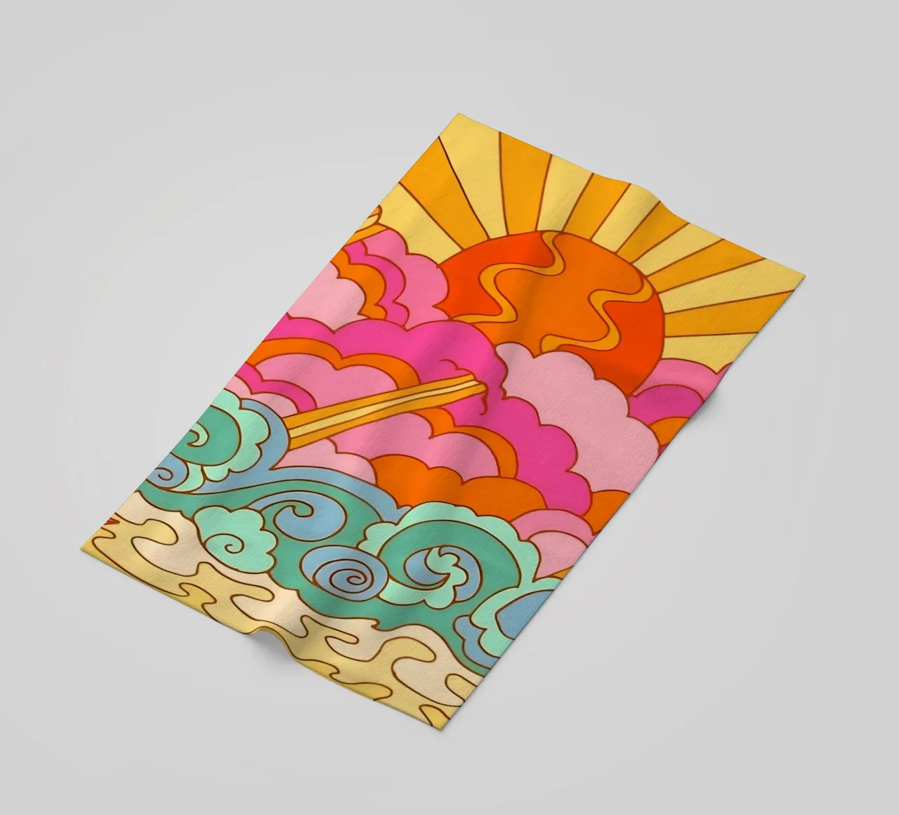 Groovy Zonsondergang: Psychedelisch landschap, Retro 70s Art Print strandhanddoek van NorwesClub