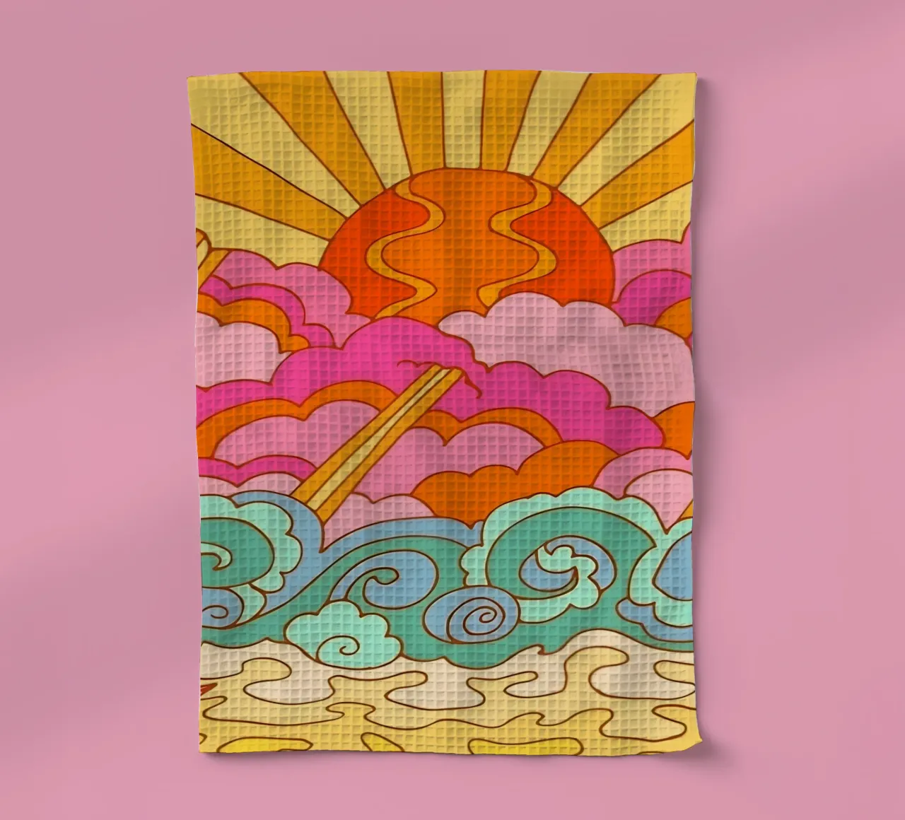 Groovy Zonsondergang: Psychedelisch landschap, Retro 70s Art Print theedoek van NorwesClub
