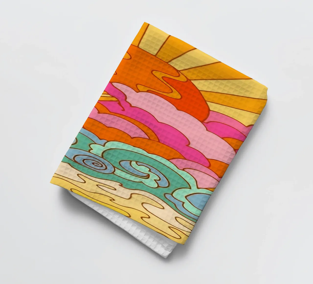 Groovy Zonsondergang: Psychedelisch landschap, Retro 70s Art Print theedoek van NorwesClub