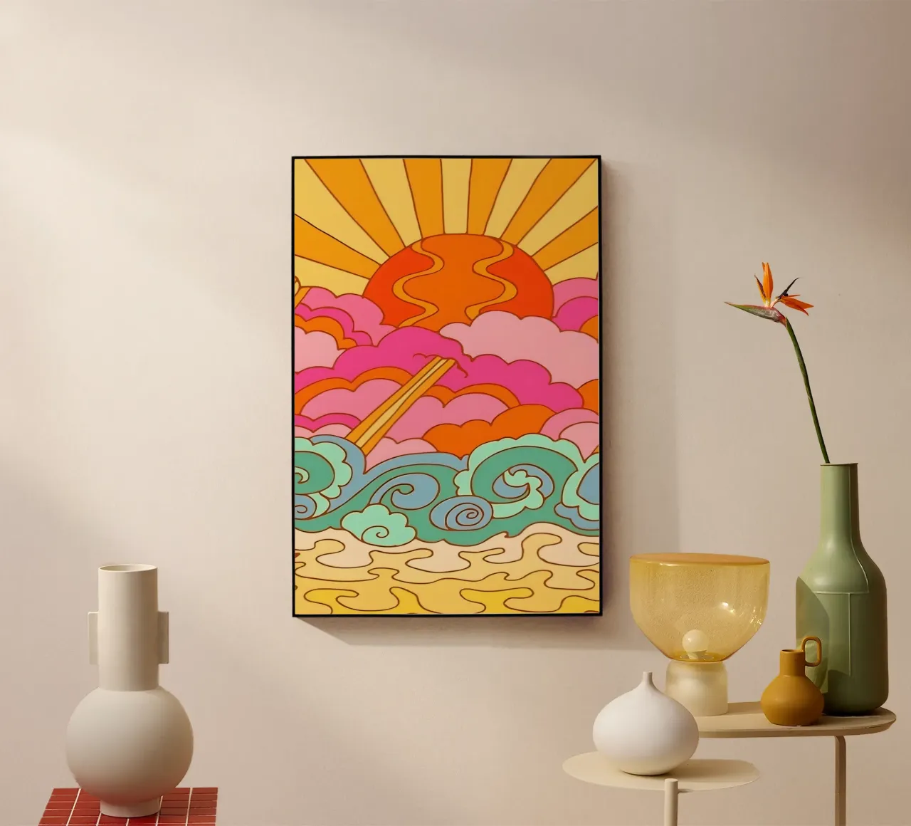 Groovy Sunset: Psychedelic Landscape, Retro 70s Art Print metacrilato de NorwesClub