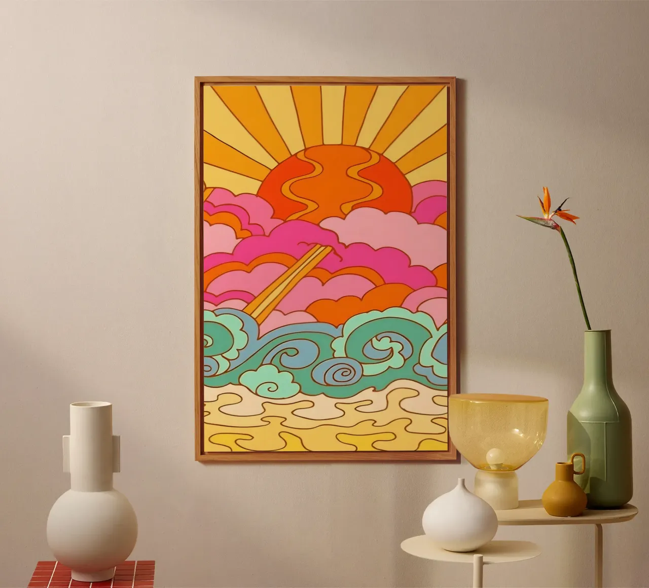 Groovy Sunset: Psychedelic Landscape, Retro 70s Art Print aluminio dibond de NorwesClub