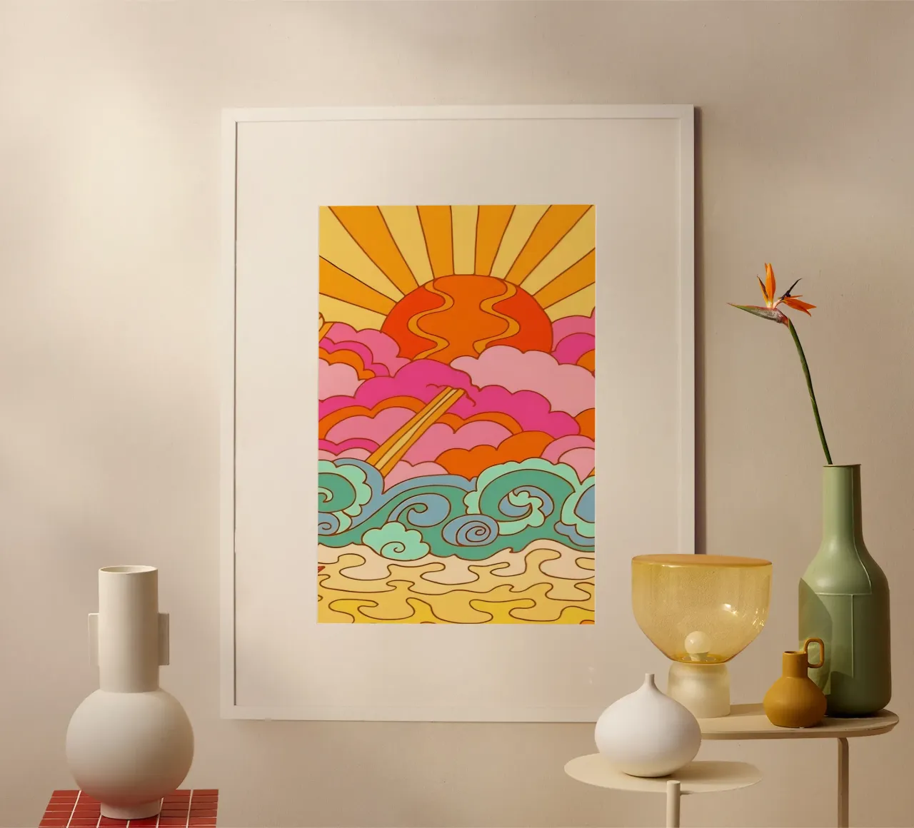 Groovy Zonsondergang: Psychedelisch landschap, Retro 70s Art Print hahnemühle van NorwesClub