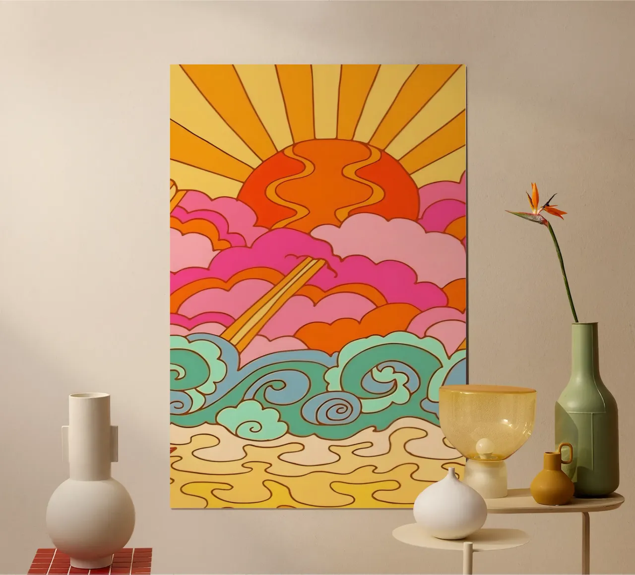 Groovy Zonsondergang: Psychedelisch landschap, Retro 70s Art Print hahnemühle van NorwesClub