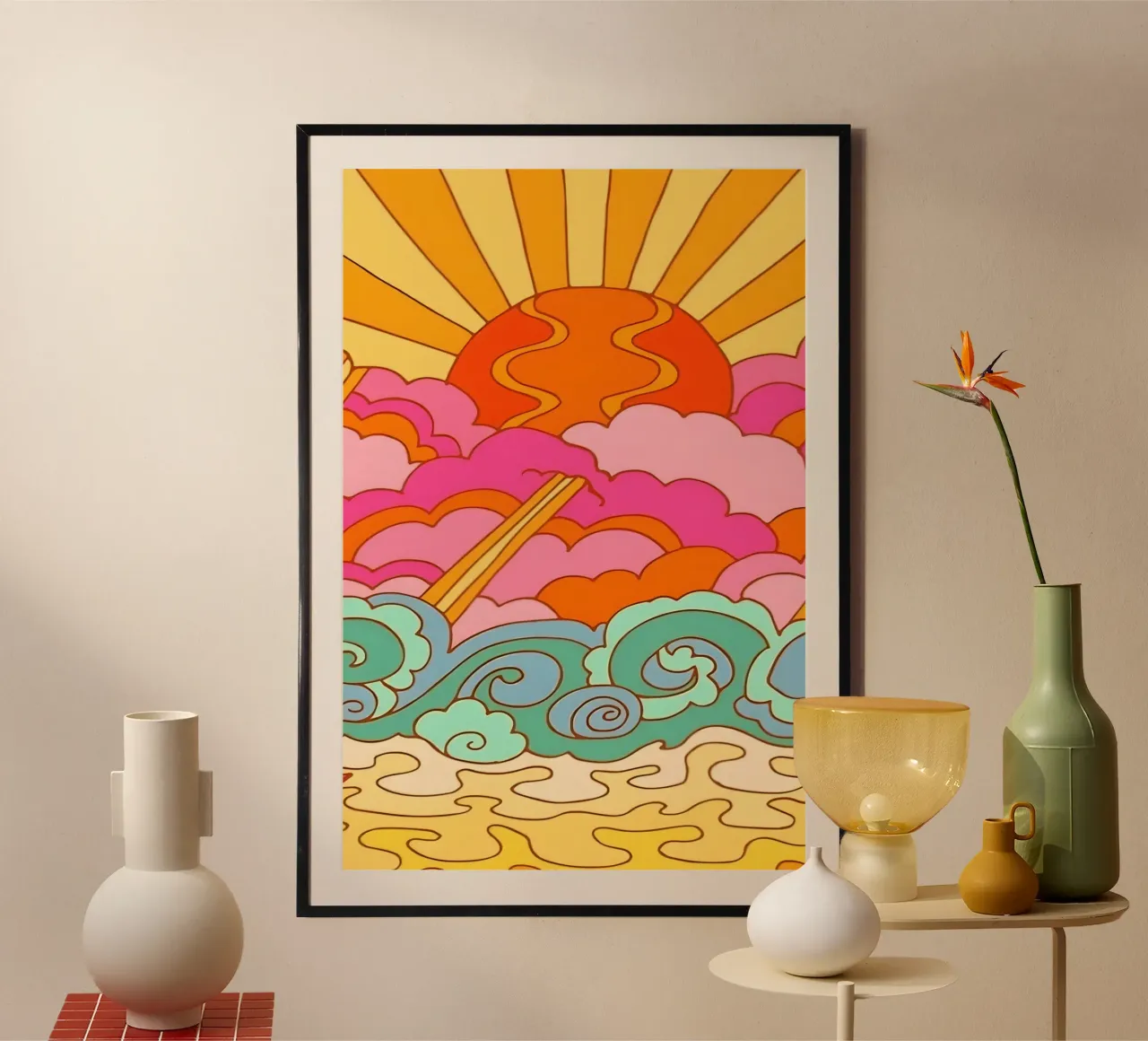 Groovy Zonsondergang: Psychedelisch landschap, Retro 70s Art Print hahnemühle van NorwesClub