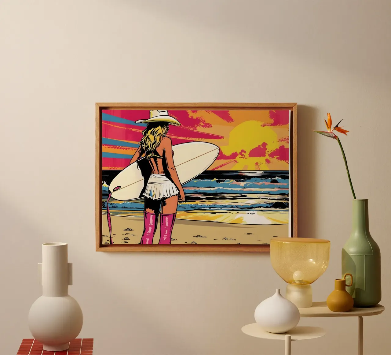 Surfer Chic: Retro Pop Art, Hawaii Sunset Beach Print canvas met Baklijst van NorwesClub
