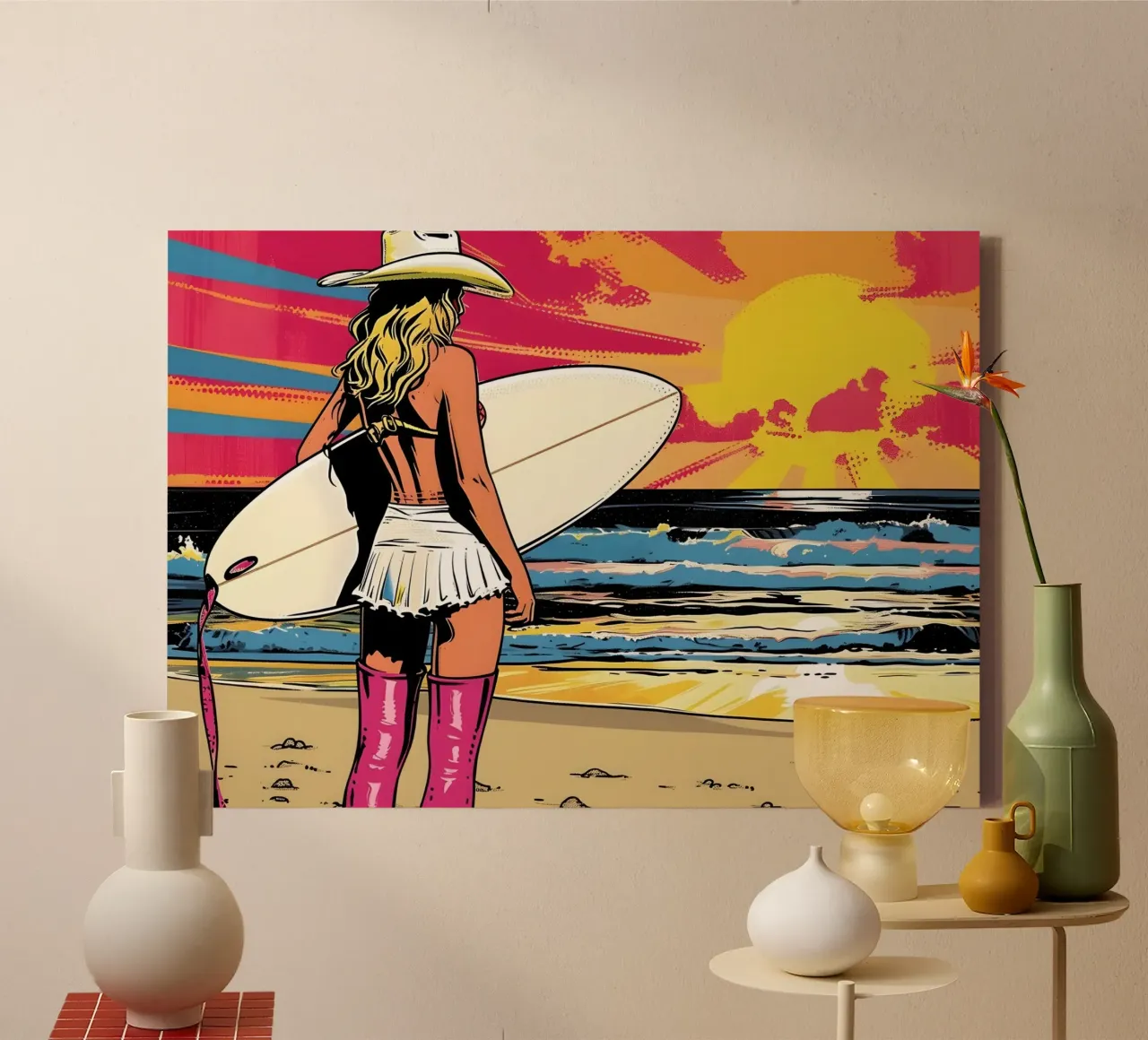 Surfer Chic: Retro Pop Art, Hawaii Sunset Beach Print canvas met Baklijst van NorwesClub
