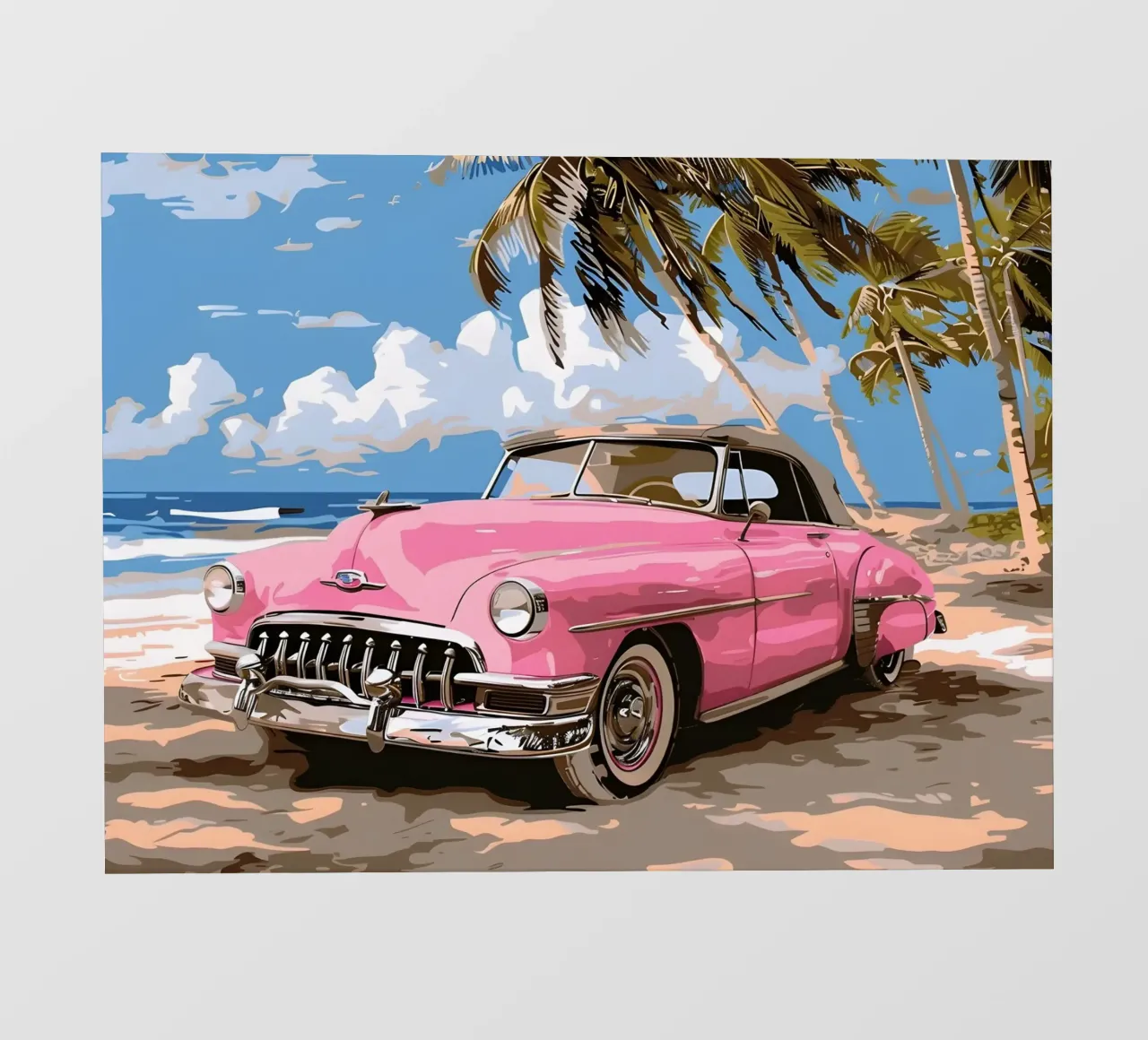 Sogno cubano: Auto rosa retrò, spiaggia e palme Stampa d'arte pellicola backlit da NorwesClub