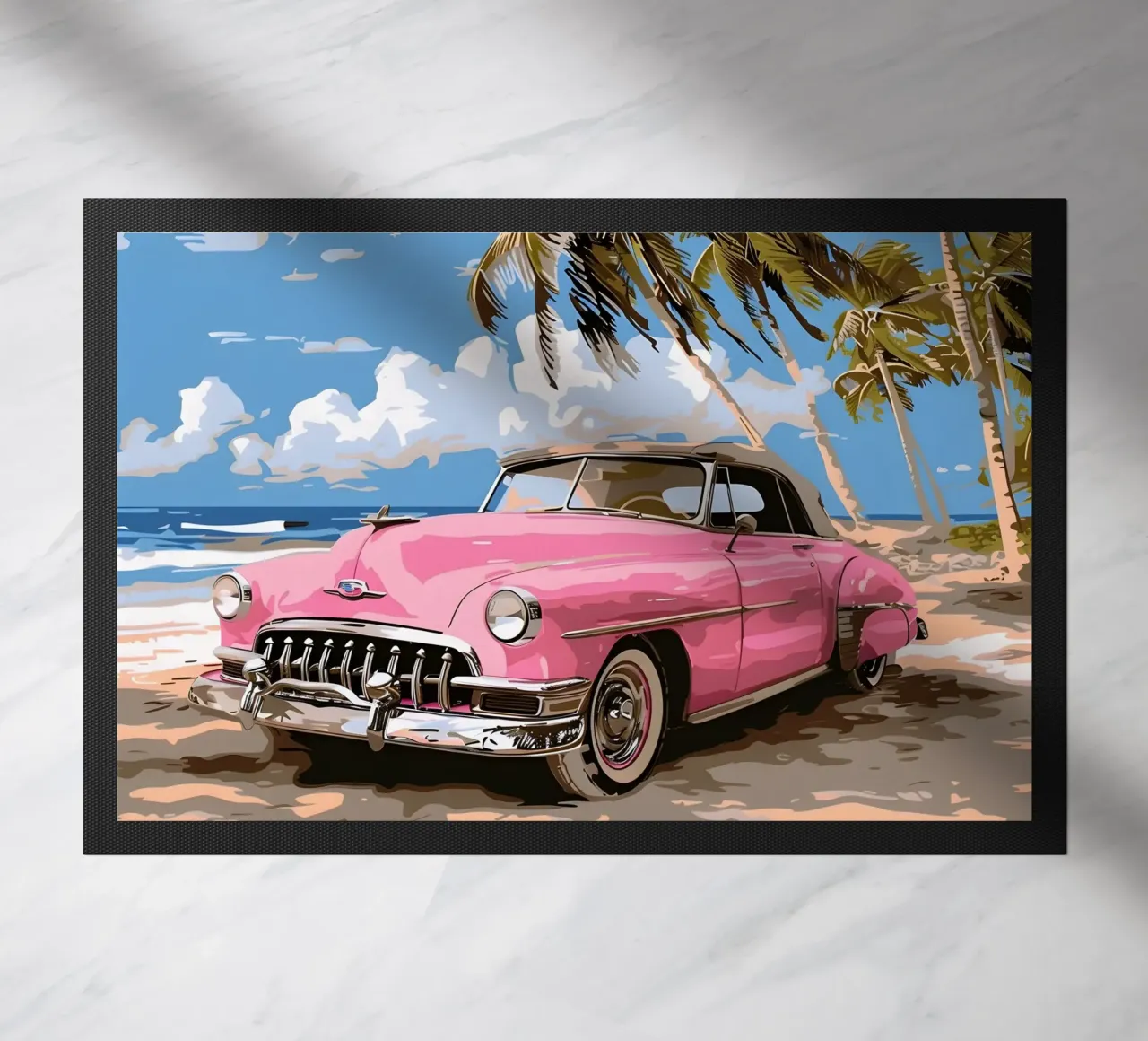 Sogno cubano: Auto rosa retrò, spiaggia e palme Stampa d'arte zerbino da NorwesClub
