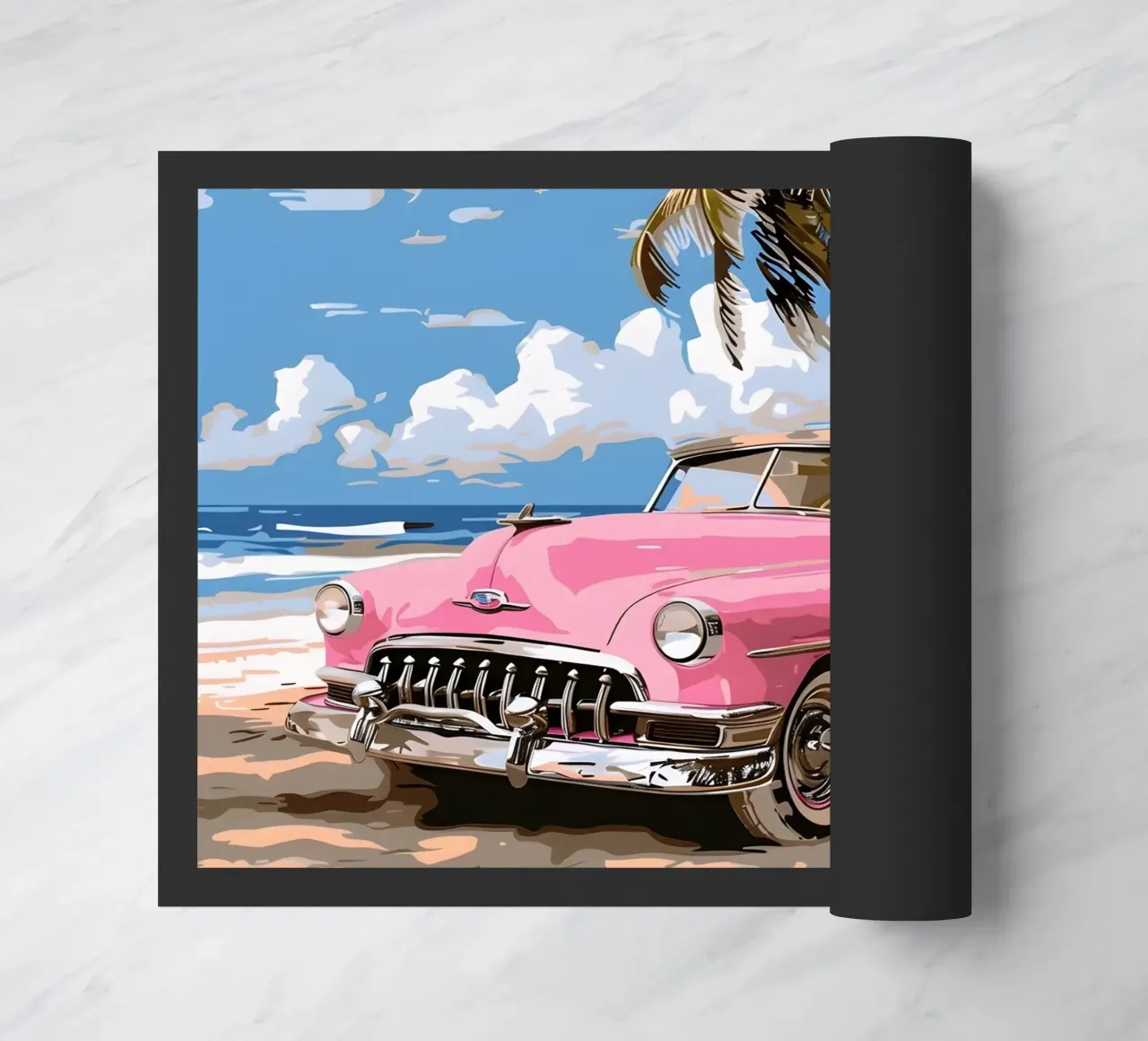 Sogno cubano: Auto rosa retrò, spiaggia e palme Stampa d'arte zerbino da NorwesClub