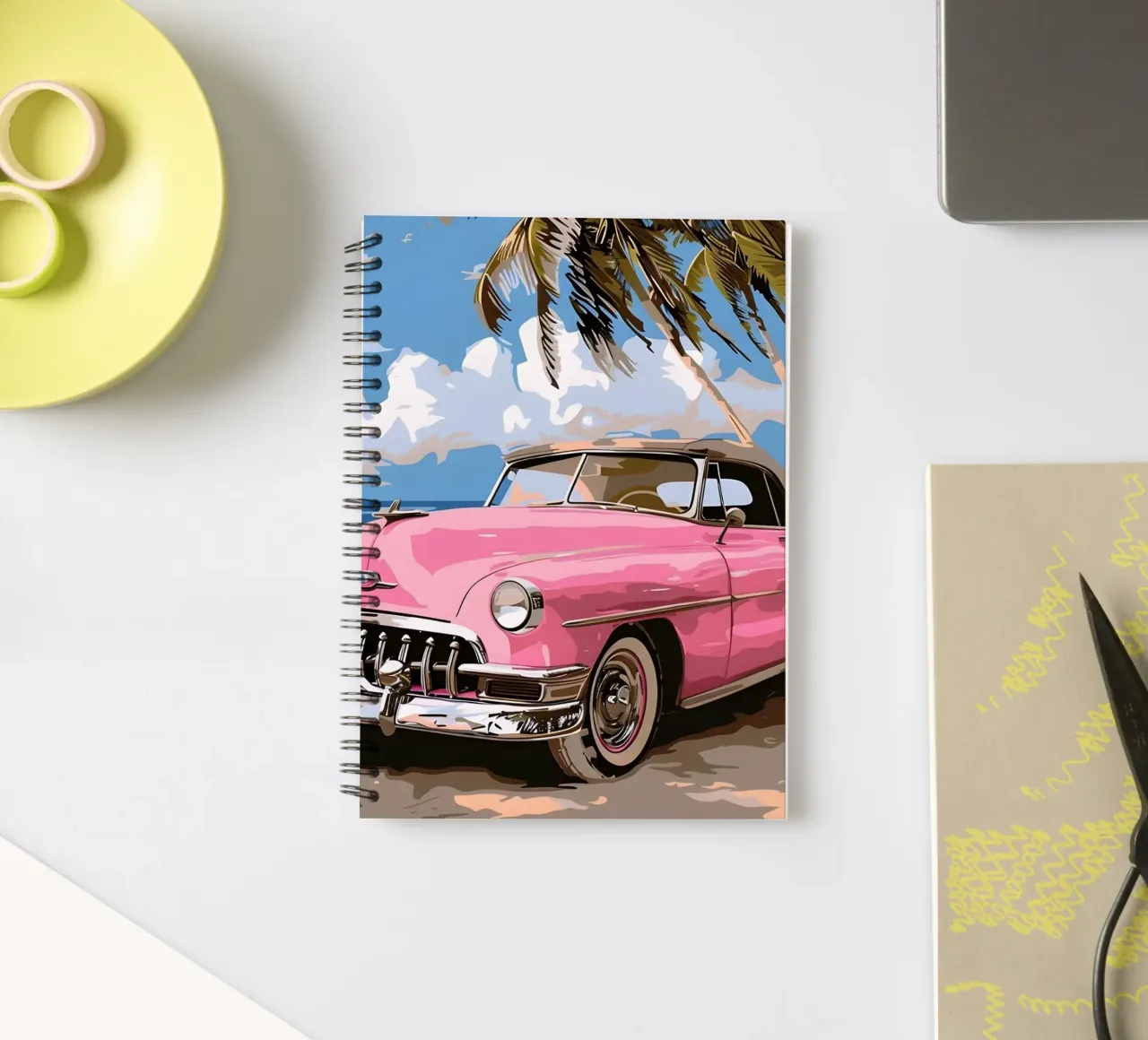 Cuban Dream: Retro Pink Car, Beach & Palm Trees Art Print spiral notebook by NorwesClub