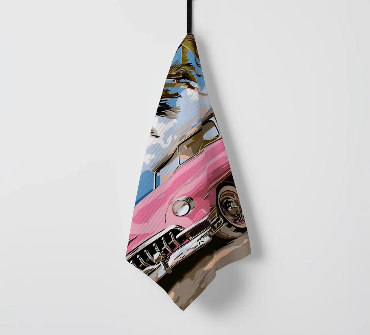 Cuban Dream: Retro Pink Car, Beach & Palm Trees Art Print tea towel by NorwesClub