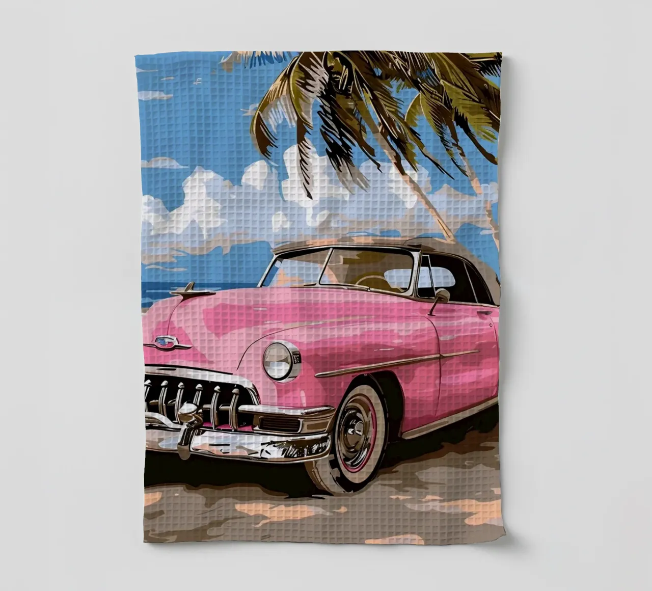 Cuban Dream: Retro Pink Car, Beach & Palm Trees Art Print tea towel by NorwesClub