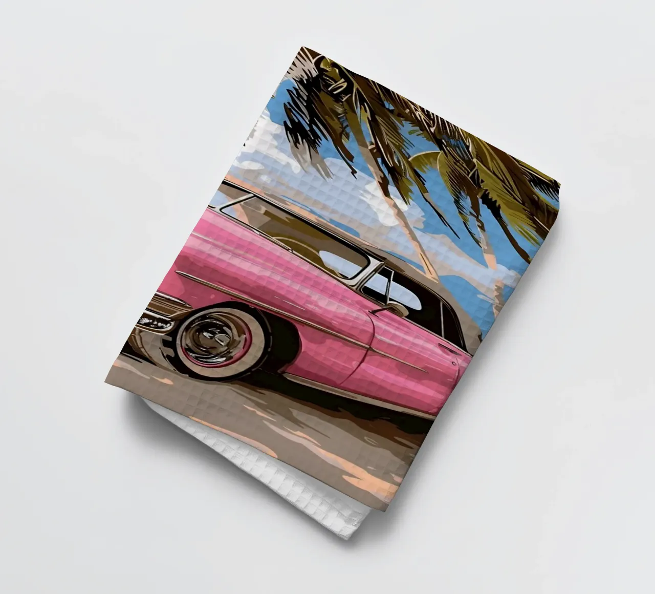 Cuban Dream: Retro Pink Car, Beach & Palm Trees Art Print tea towel by NorwesClub