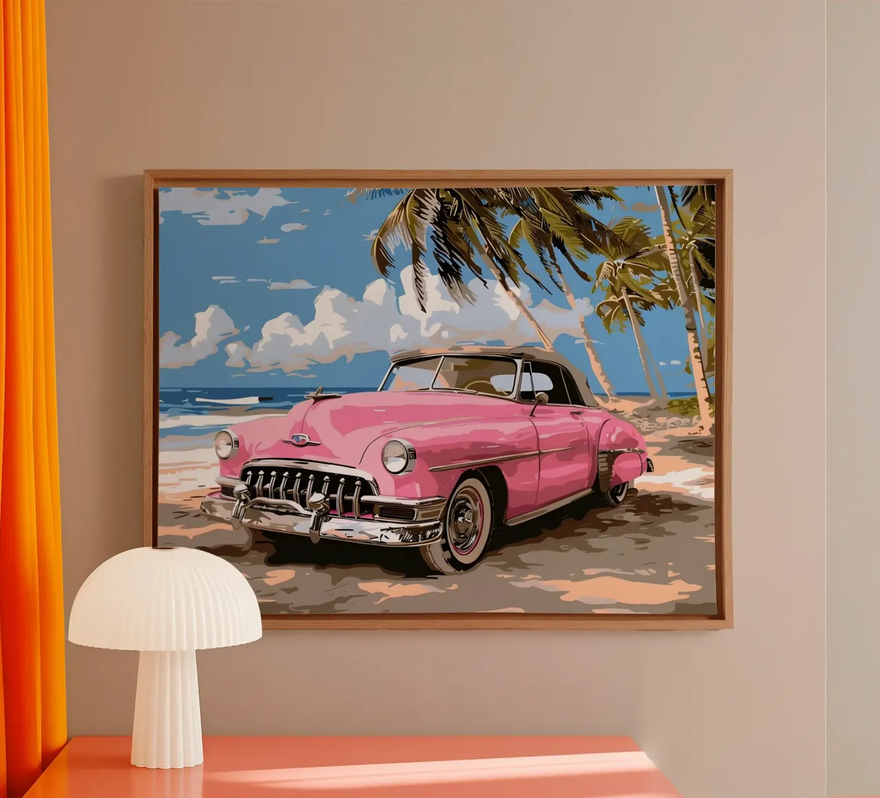 Sueño Cubano: Retro Pink Car, Beach & Palm Trees Art Print lienzo con Marco flotante de NorwesClub