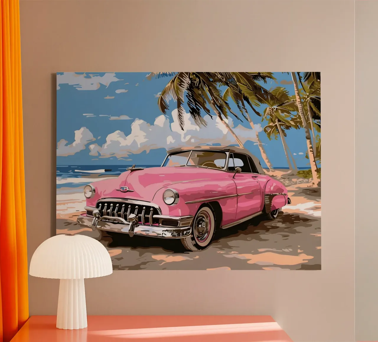 Sueño Cubano: Retro Pink Car, Beach & Palm Trees Art Print lienzo con Marco flotante de NorwesClub