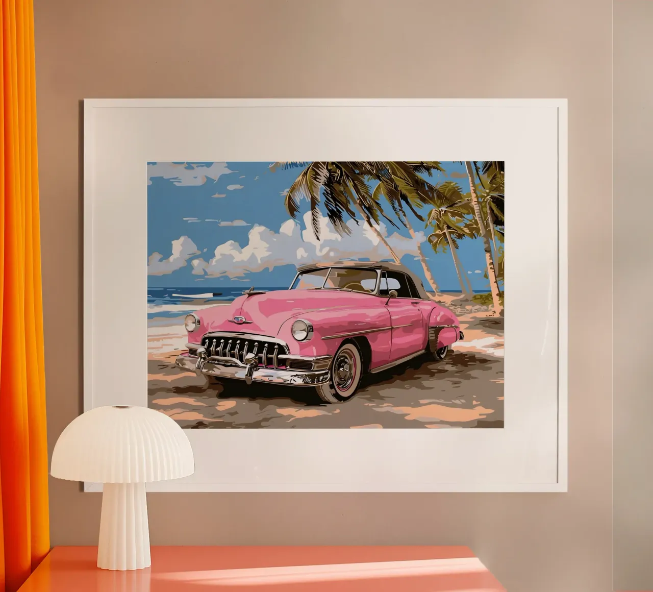 Sogno cubano: Auto rosa retrò, spiaggia e palme Stampa d'arte carta hahnemühle da NorwesClub