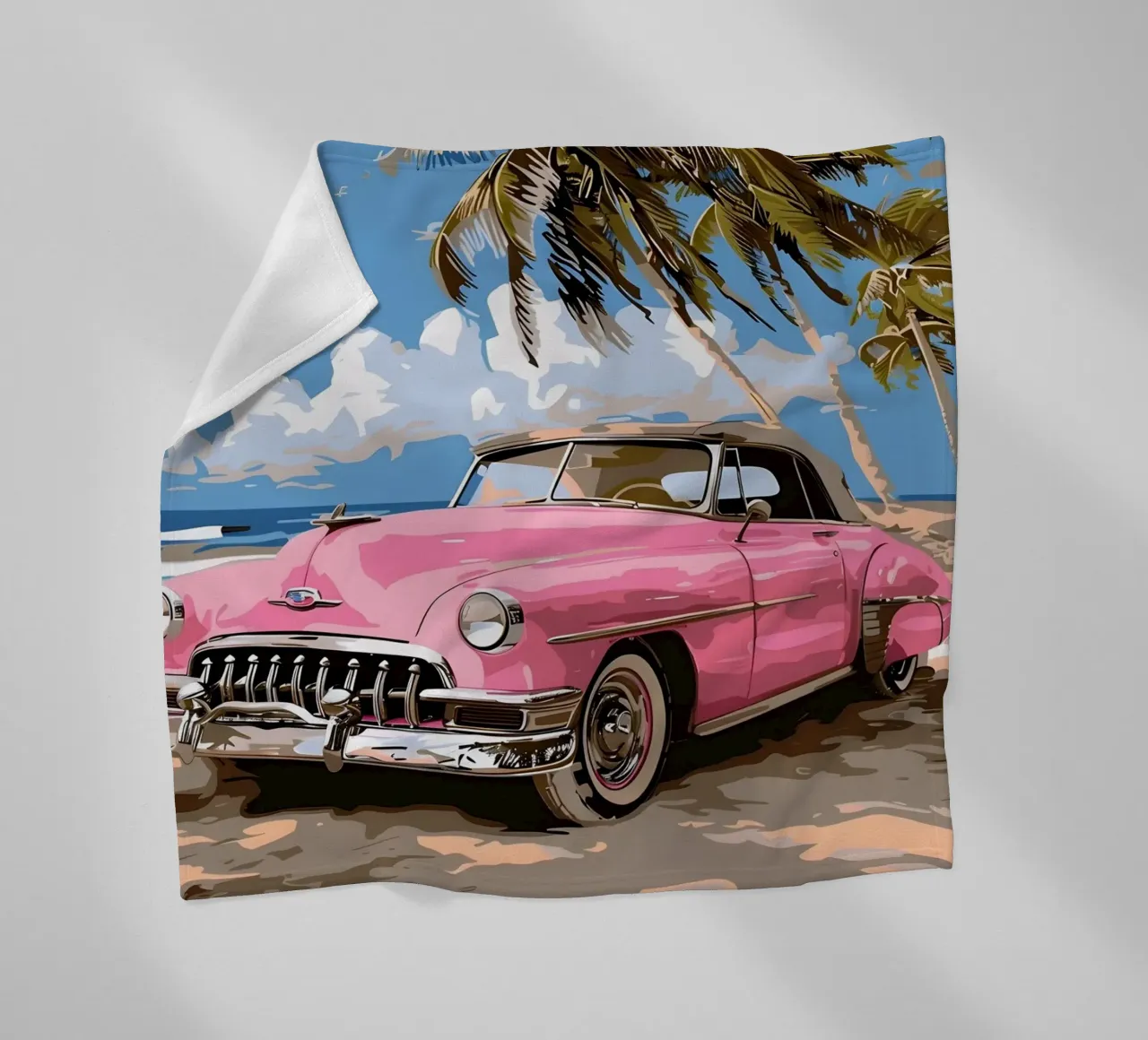 Cuban Dream: Retro Pink Car, Beach & Palm Trees Art Print fleece blanket by NorwesClub